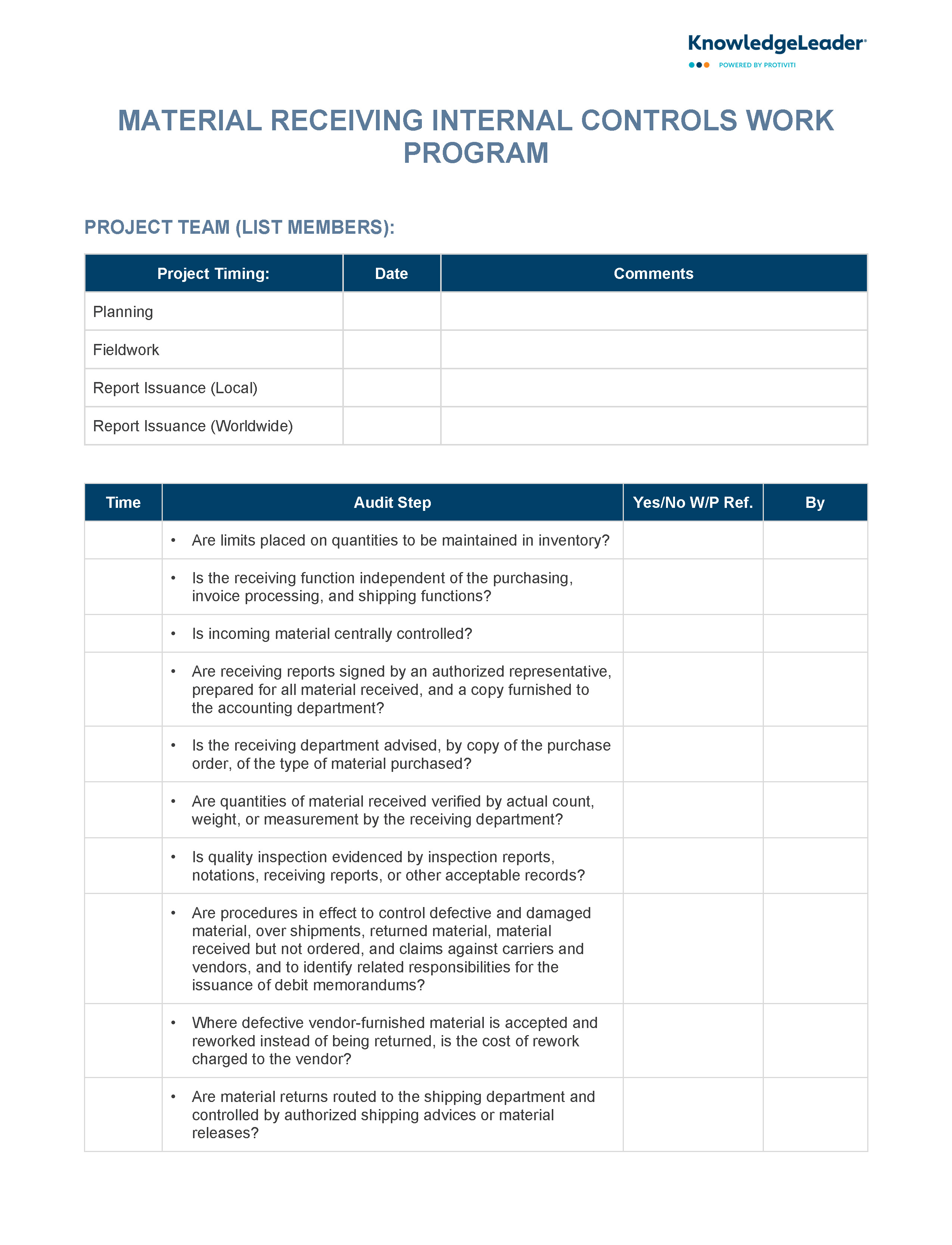 screenshot of the first page of Material Receiving Internal Controls Audit Work Program