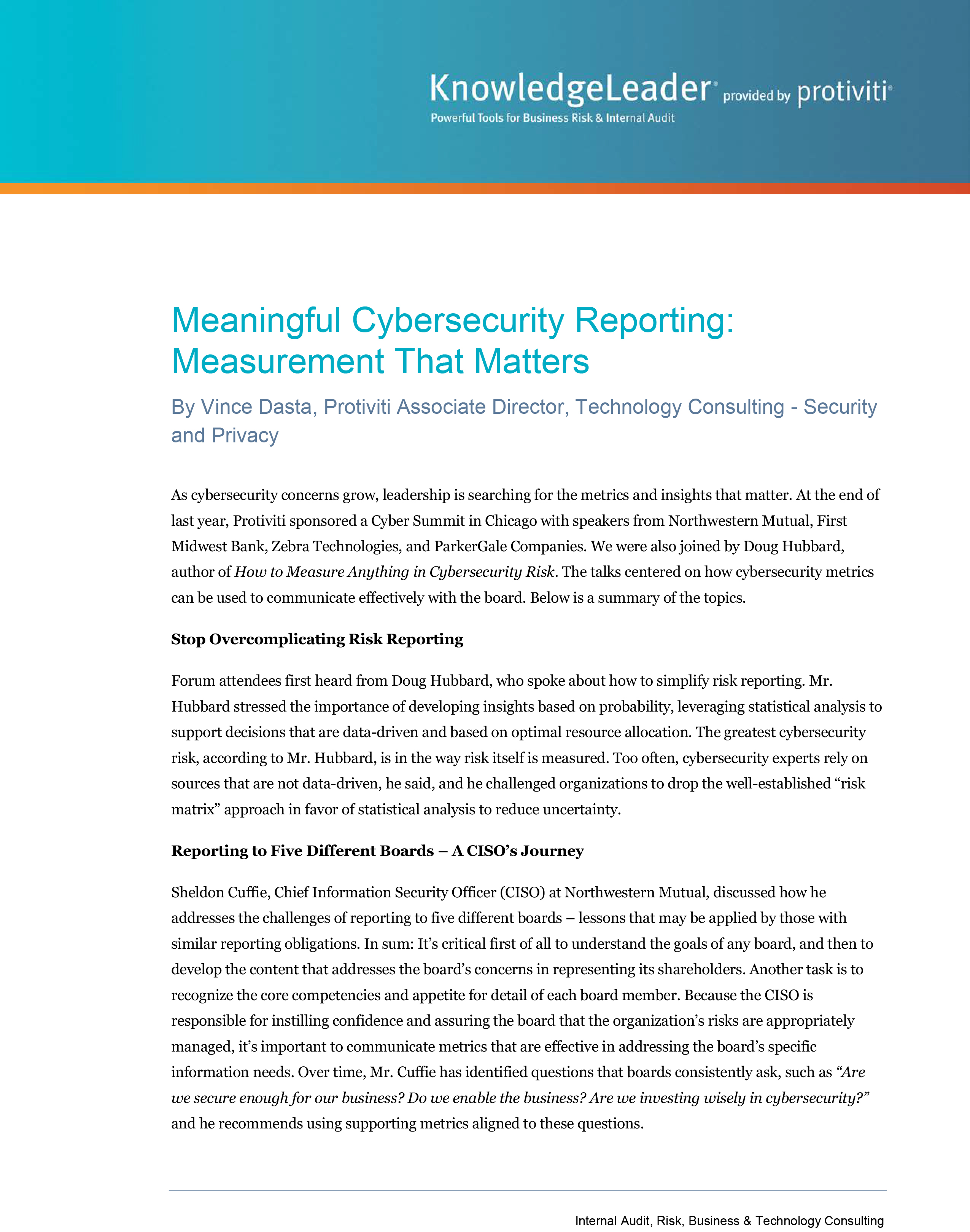 Screenshot of the first page of Meaningful Cybersecurity Reporting - Measurement That Matters