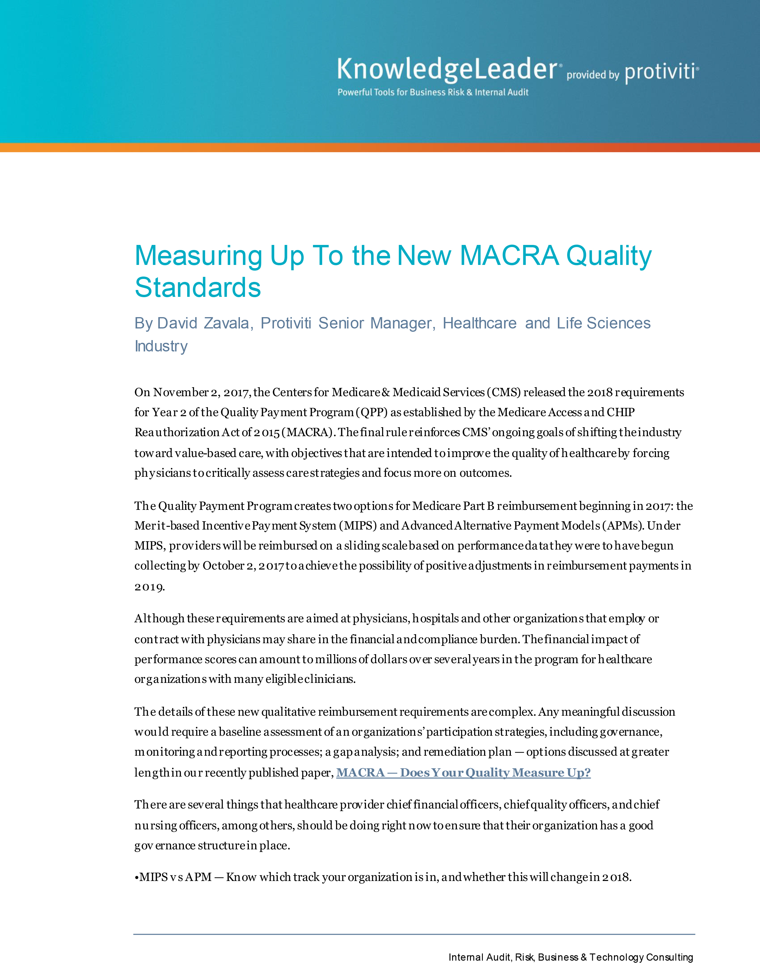 Screenshot of the first page of Measuring Up To the New MACRA Quality Standards