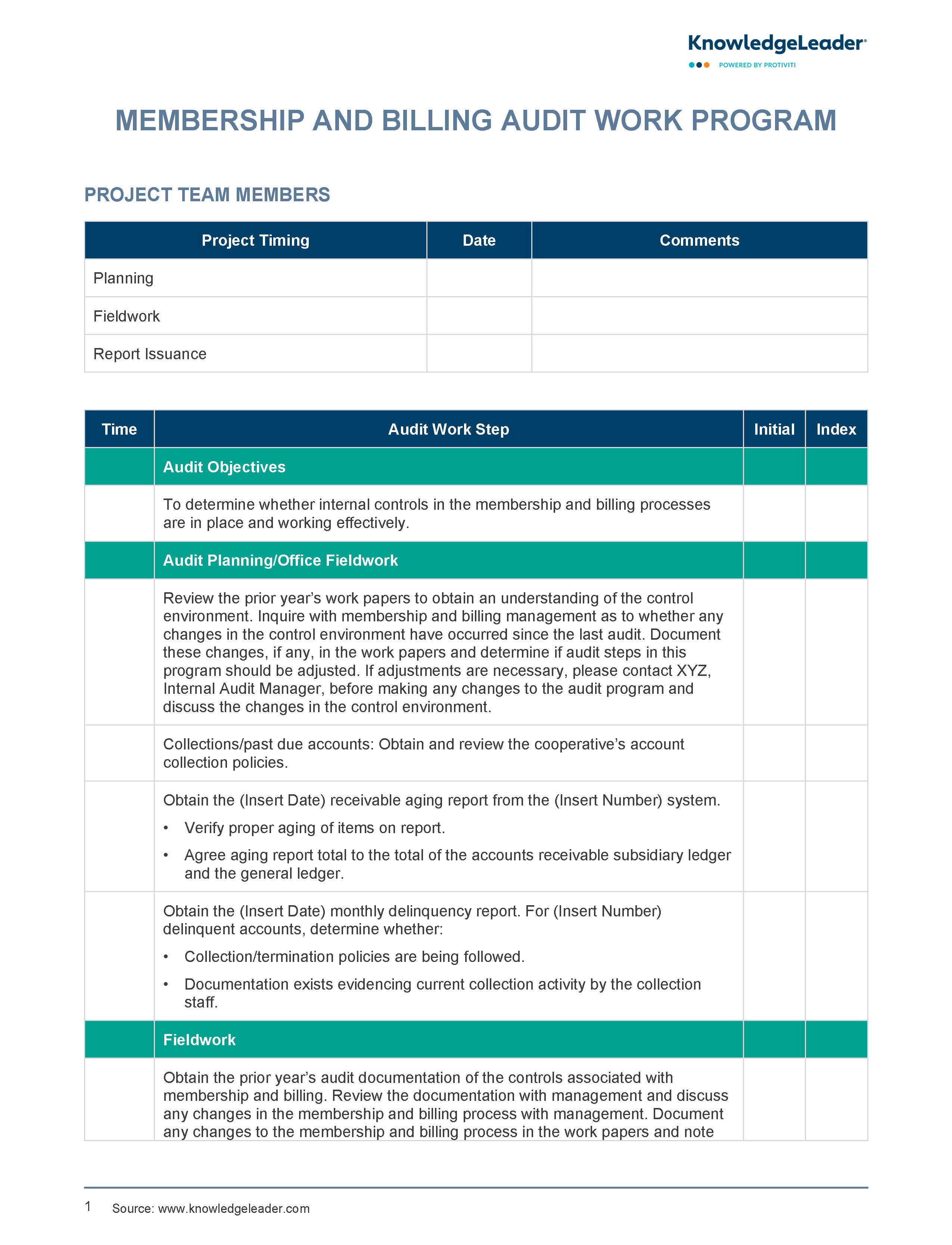 Screenshot of the first page of Membership and Billing Audit Work Program