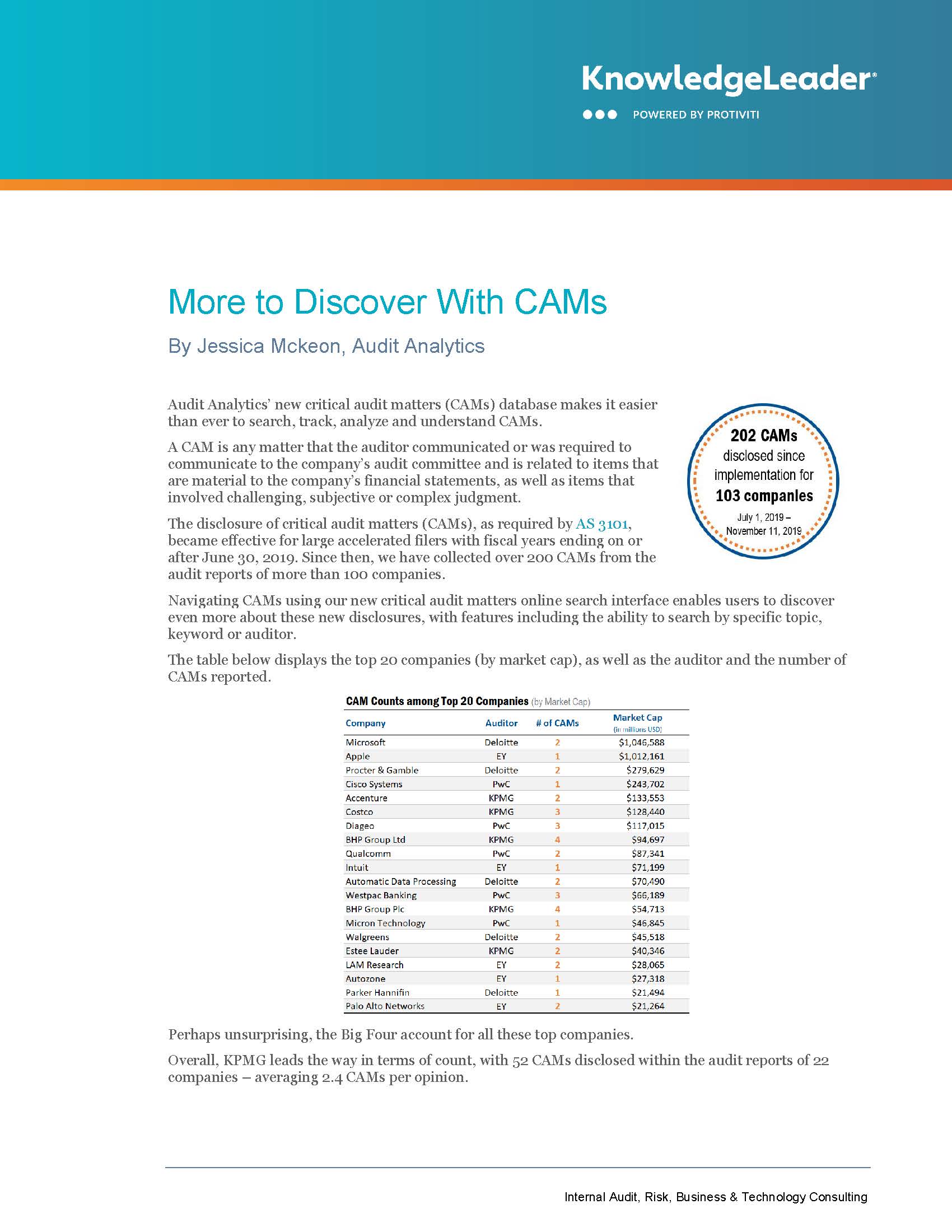 Screenshot of the first page of More to Discover With CAM