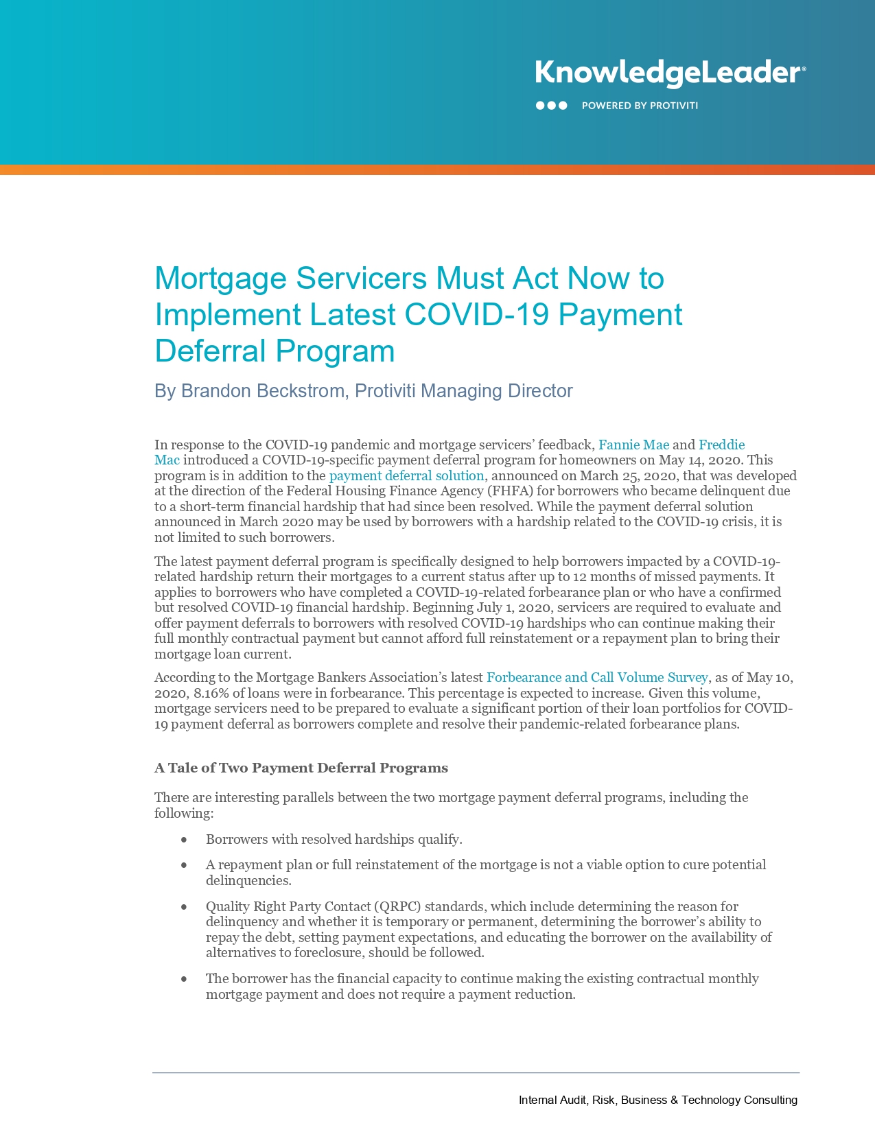 Screenshot of Mortgage Servicers Must Act Now to Implement Latest COVID-19 Payment Deferral