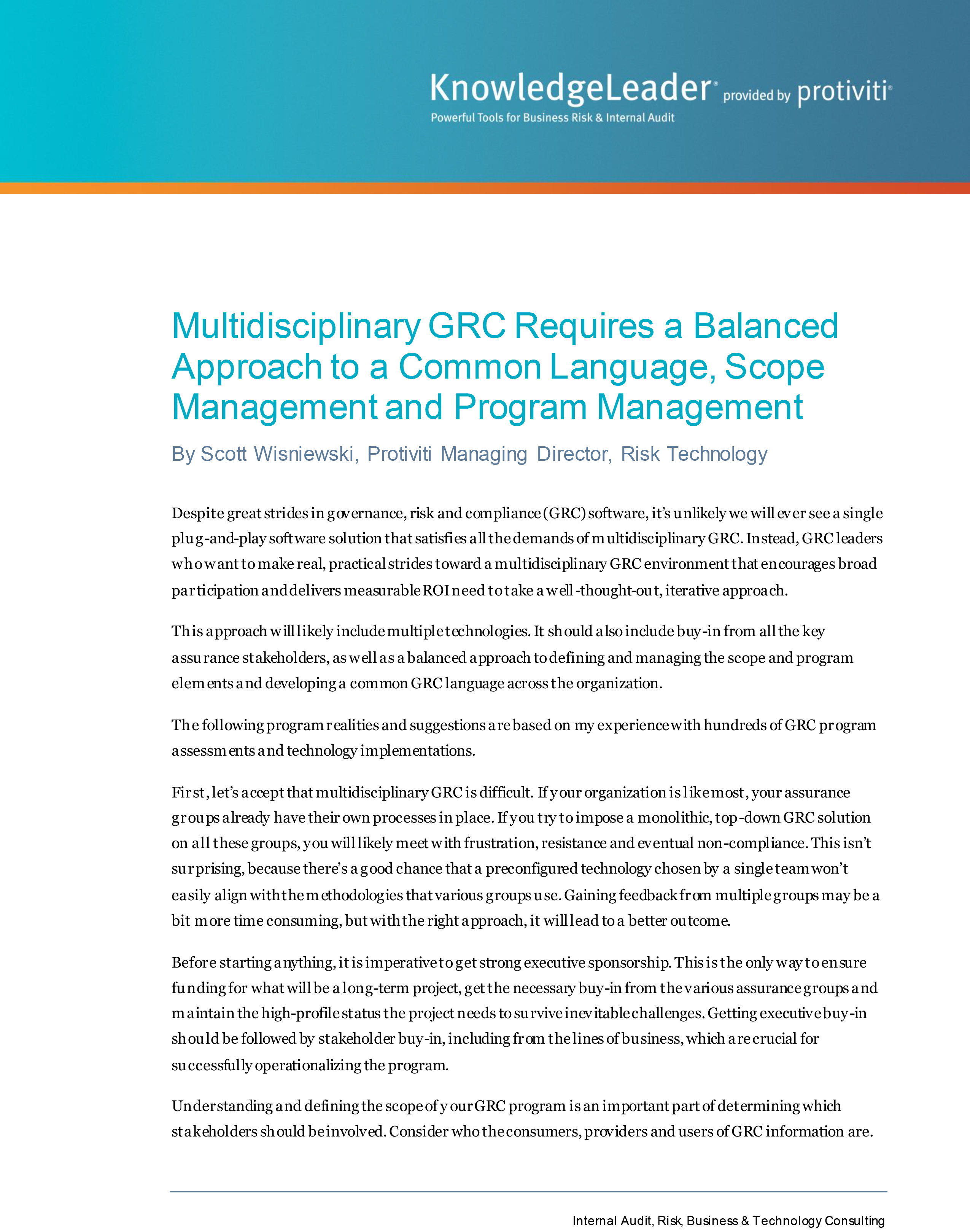 Screenshot of the first page of Multidisciplinary GRC Requires a Balanced Approach to a Common Language, Scope Management and Program Management