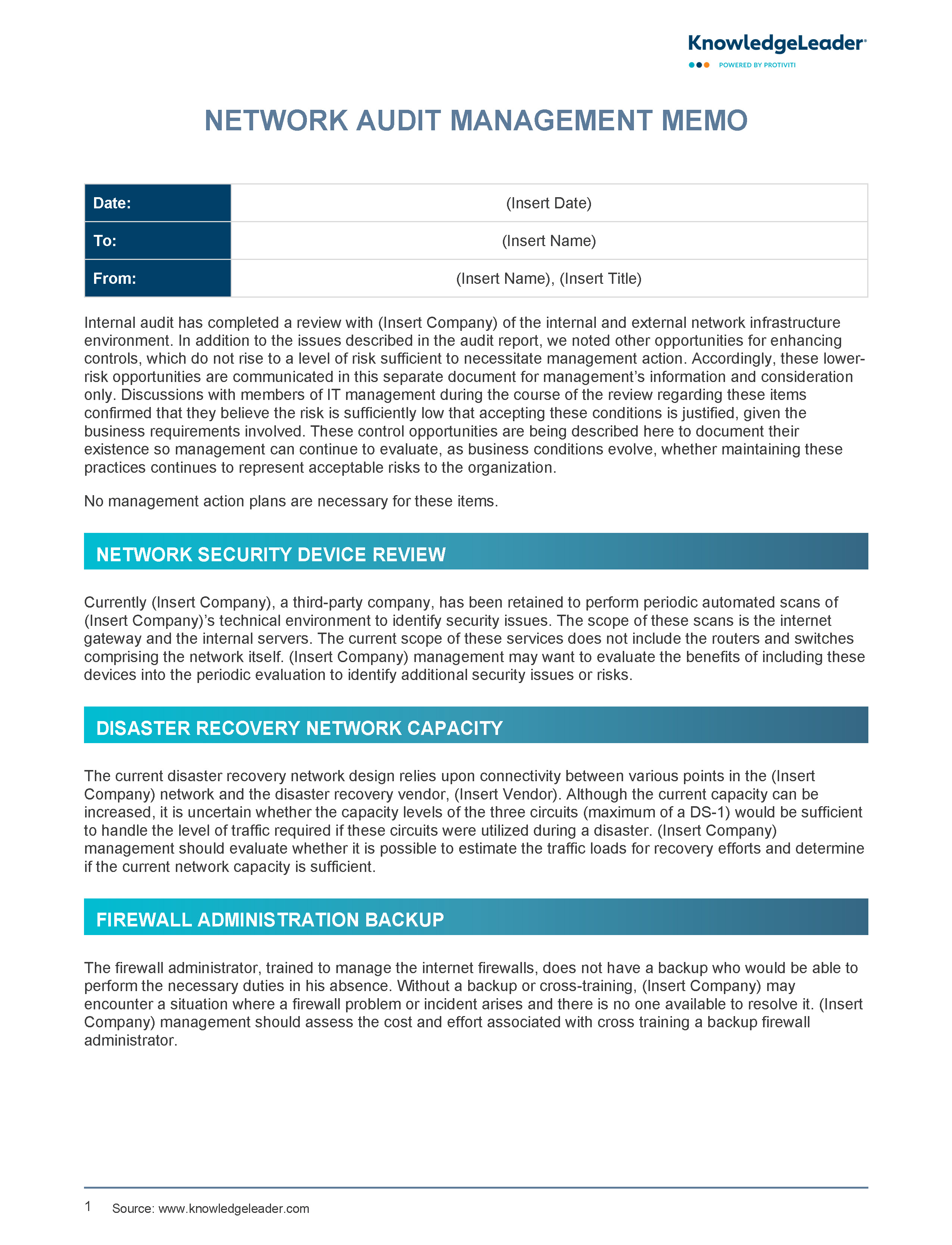 Screenshot of the first page of Network Audit Management Memo