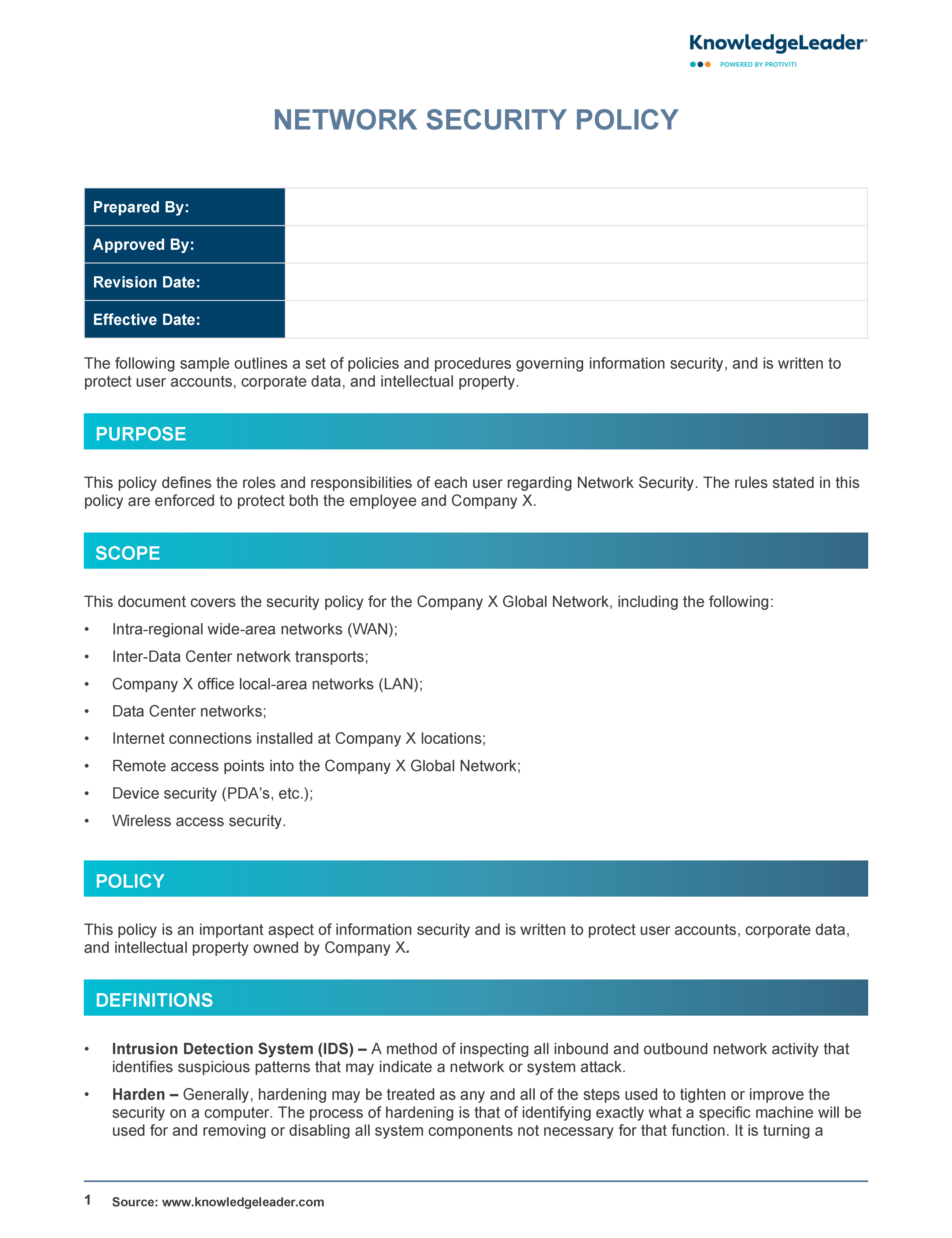 Screenshot of the first page of Network Security Policy