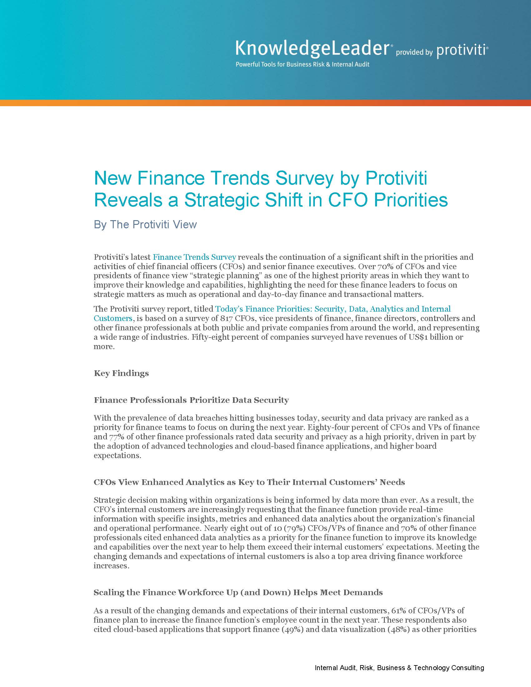 Screenshot of the first page of New Finance Trends Survey by Protiviti Reveals a Strategic Shift in CFO Priorities