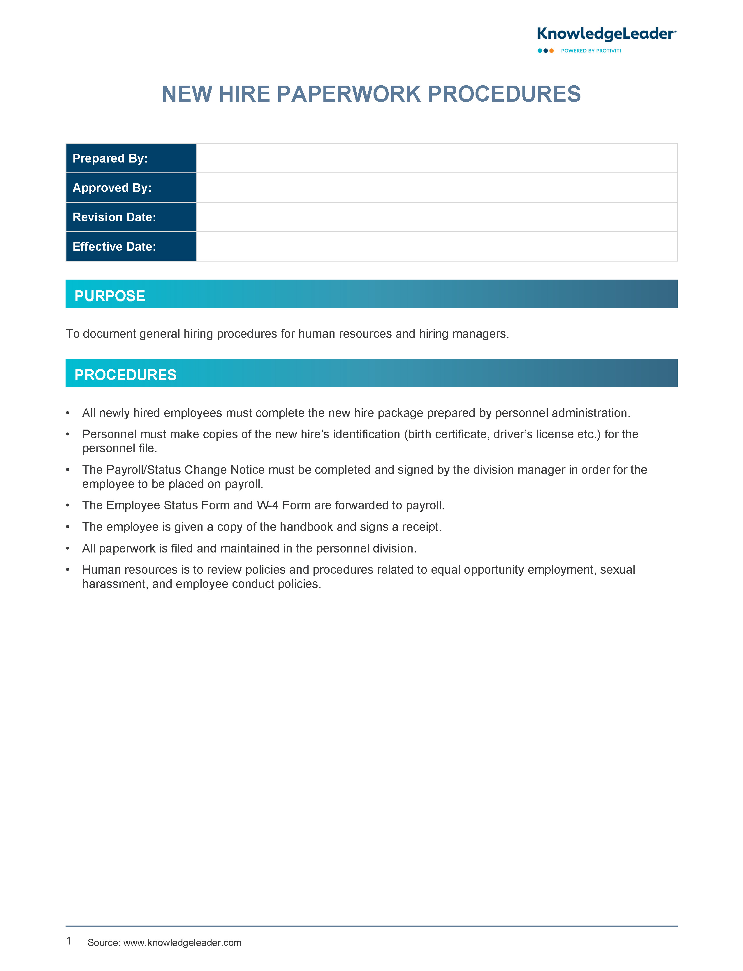 Screenshot of the first page of New Hire Paperwork Policy