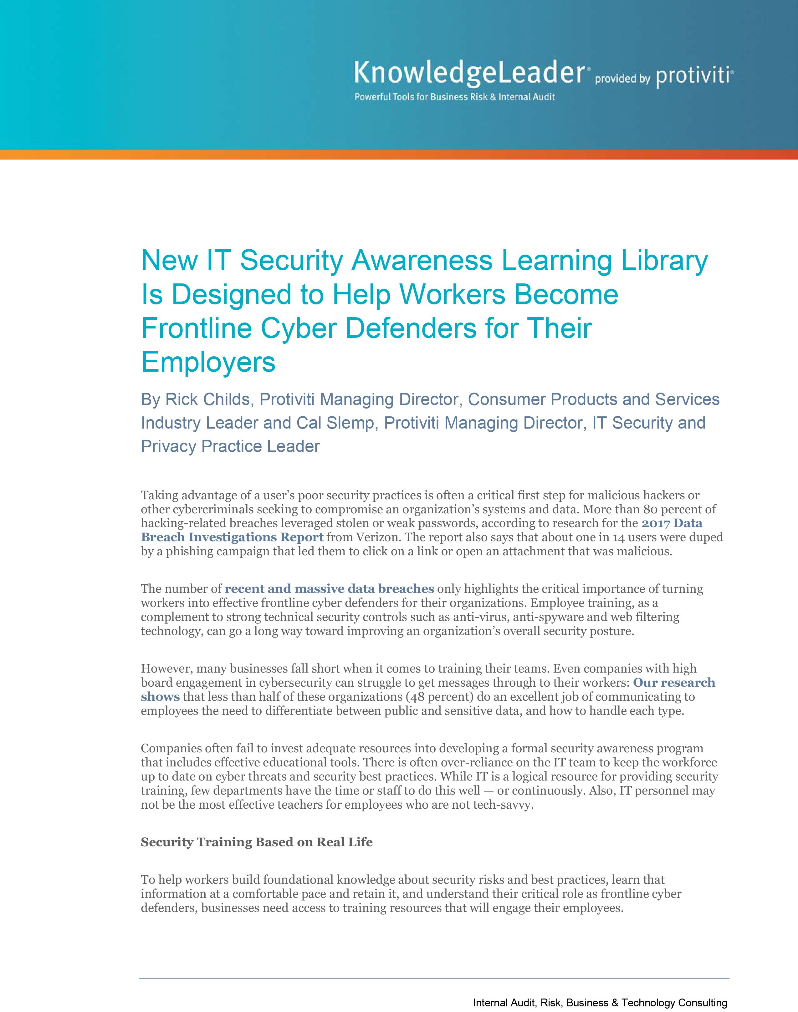 Screenshot of the first page of New IT Security Awareness Learning Library Is Designed to Help Workers Become Frontline Cyber Defenders for Their Employers