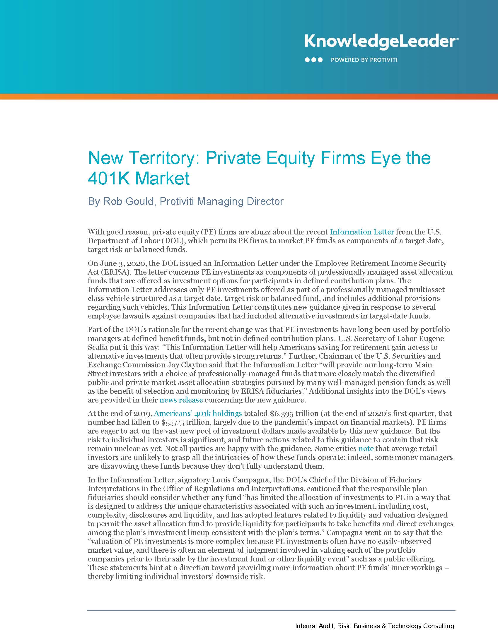 Screenshot of the first page of New Territory Private Equity Firms Eye the 401K Market