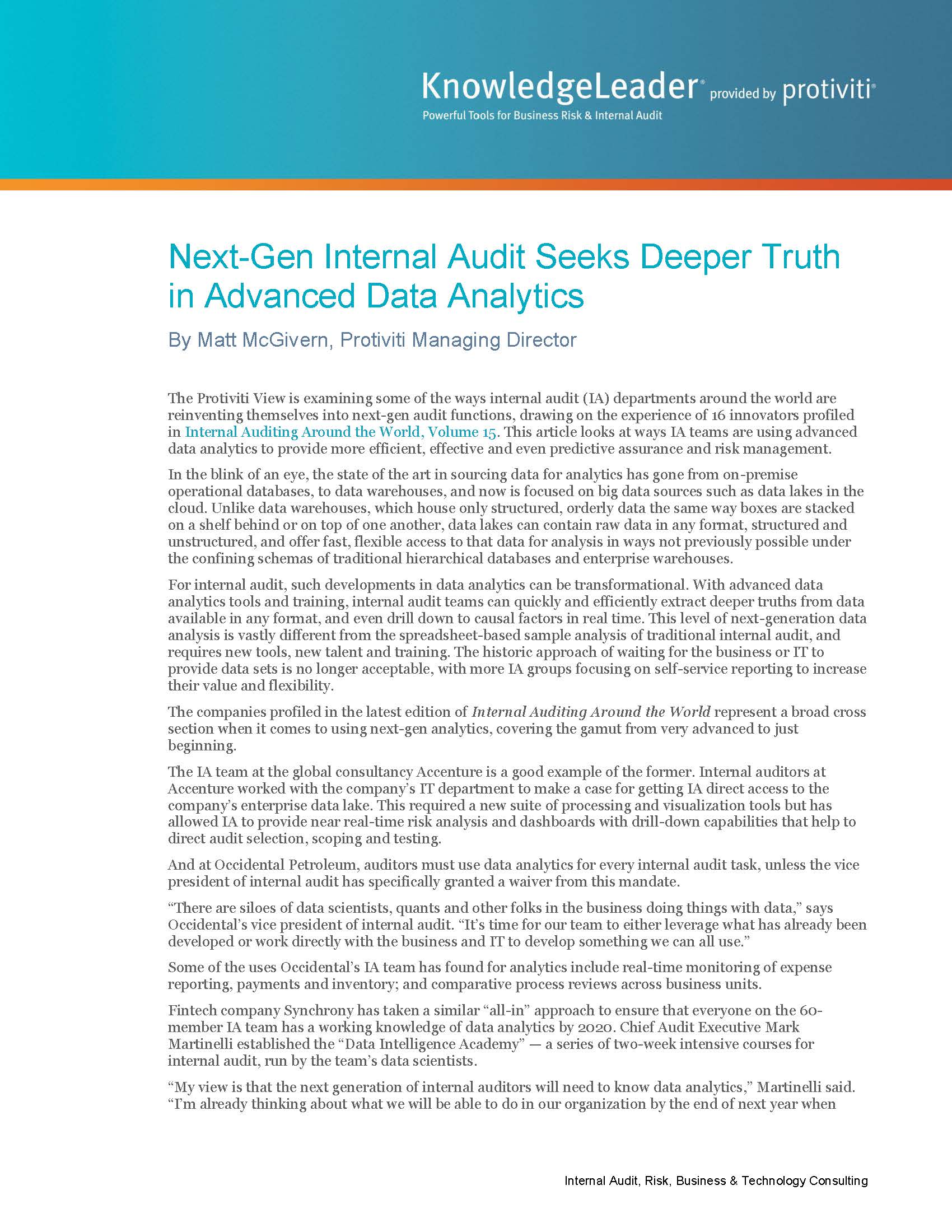 Screenshot of the first page of Next-Gen Internal Audit Seeks Deeper Truth in Advanced Data Analytics
