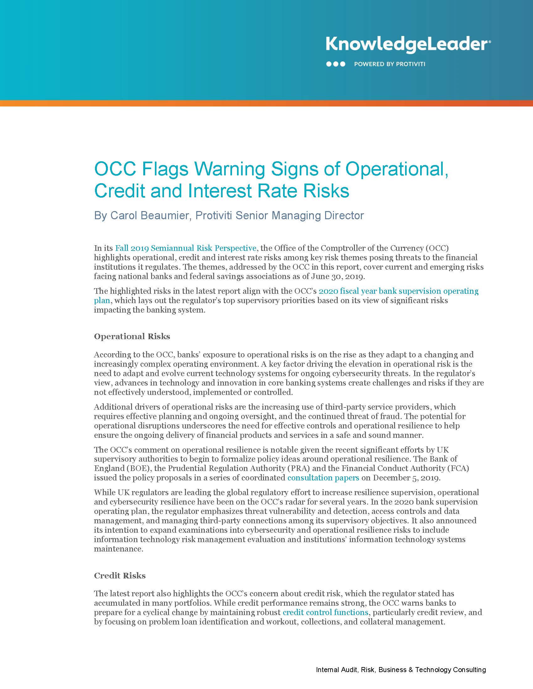 Screenshot of the first page of OCC Flags Warning Signs of Operational Credit and Interest Rate Risks