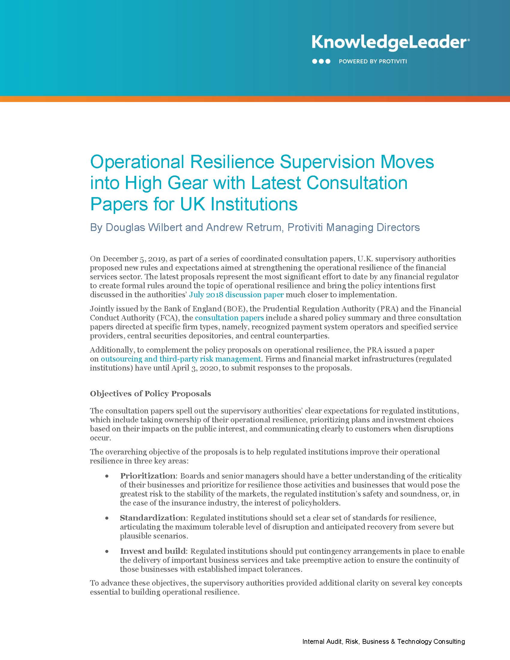 Screenshot of the first page of Operational Resilience Supervision Moves into High Gear with Latest Consultation Papers for UK Institutions