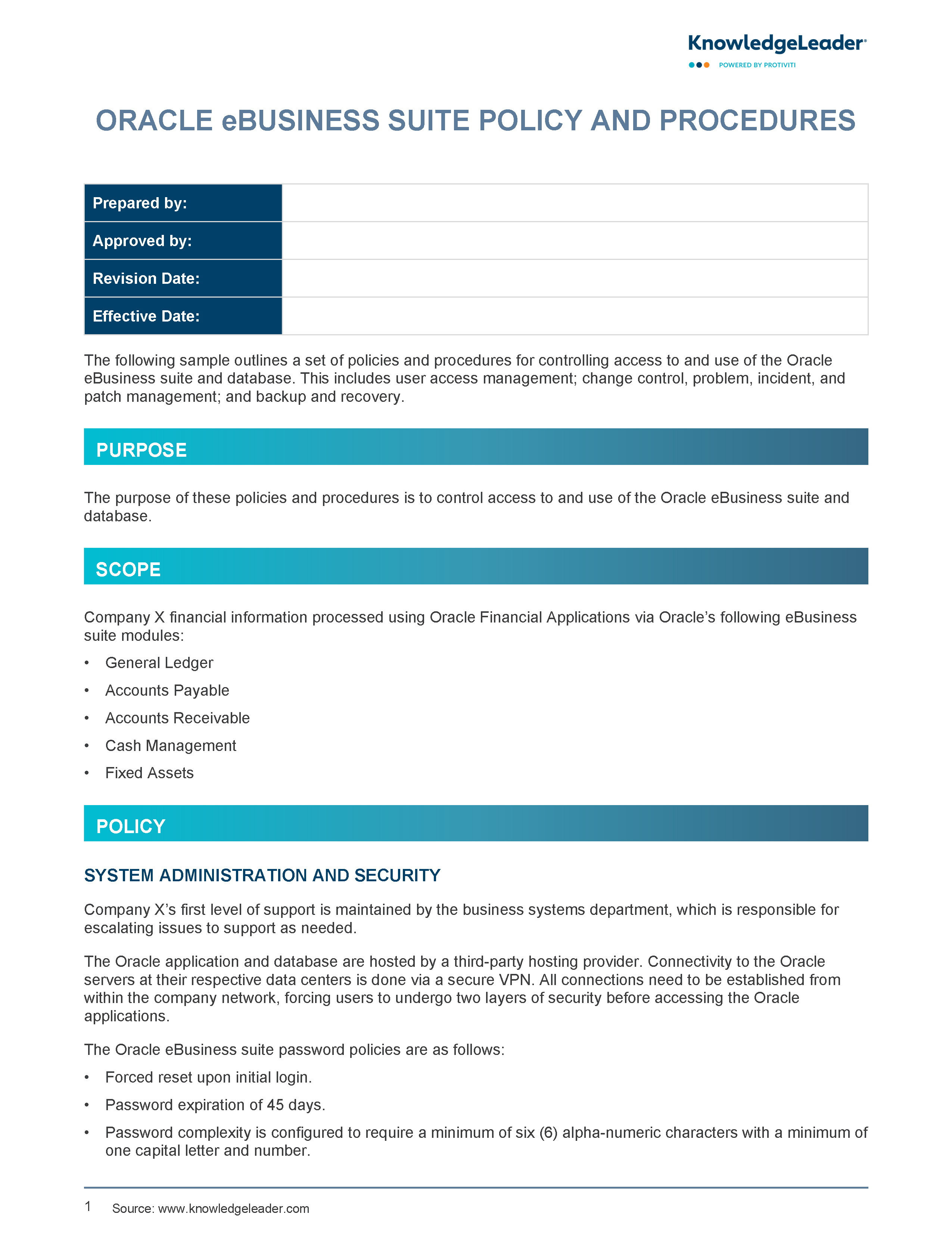 Screenshot of the first page of Oracle eBusiness Suite Policy and Procedures