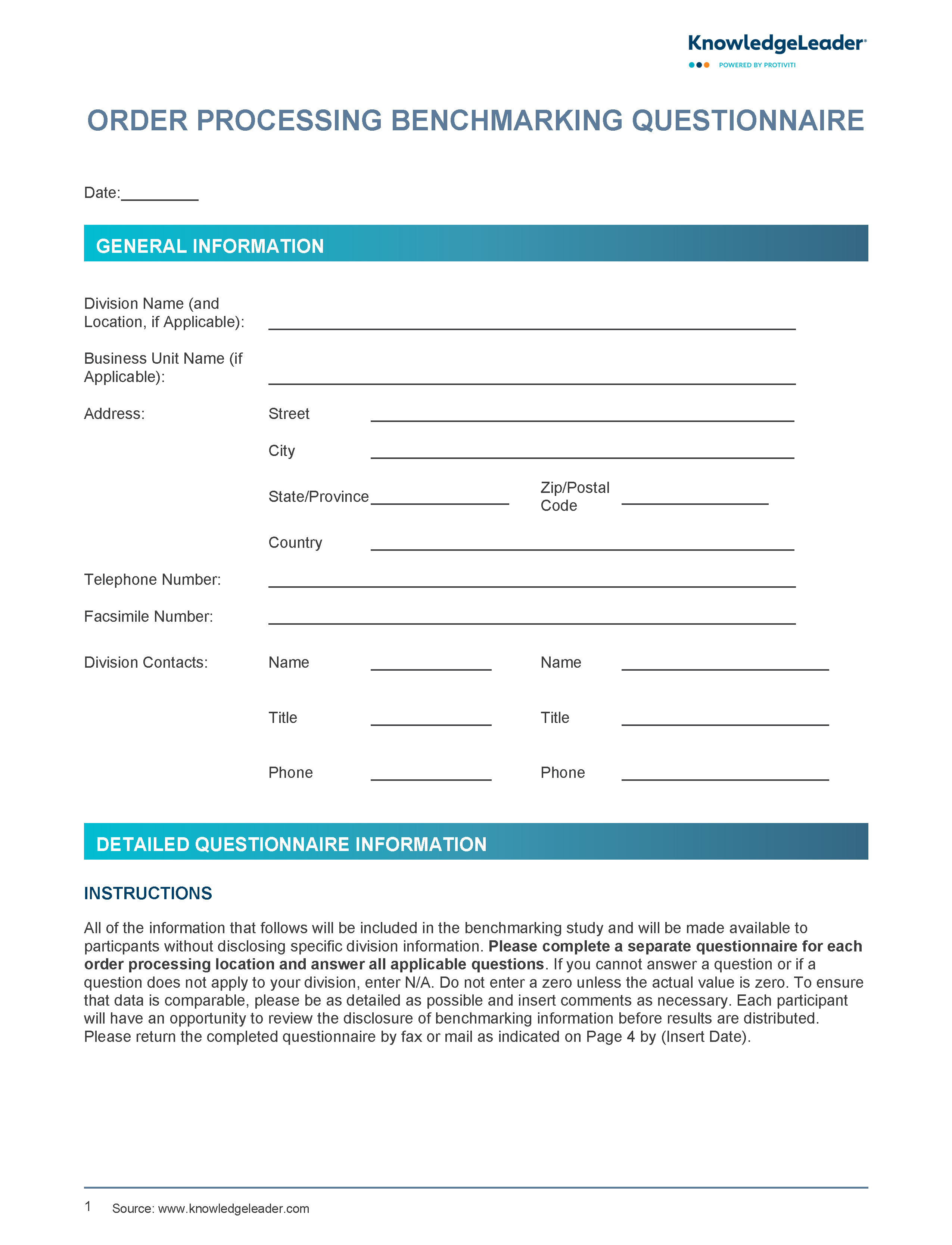 Screenshot of the first page of Order Processing Benchmarking Questionnaire