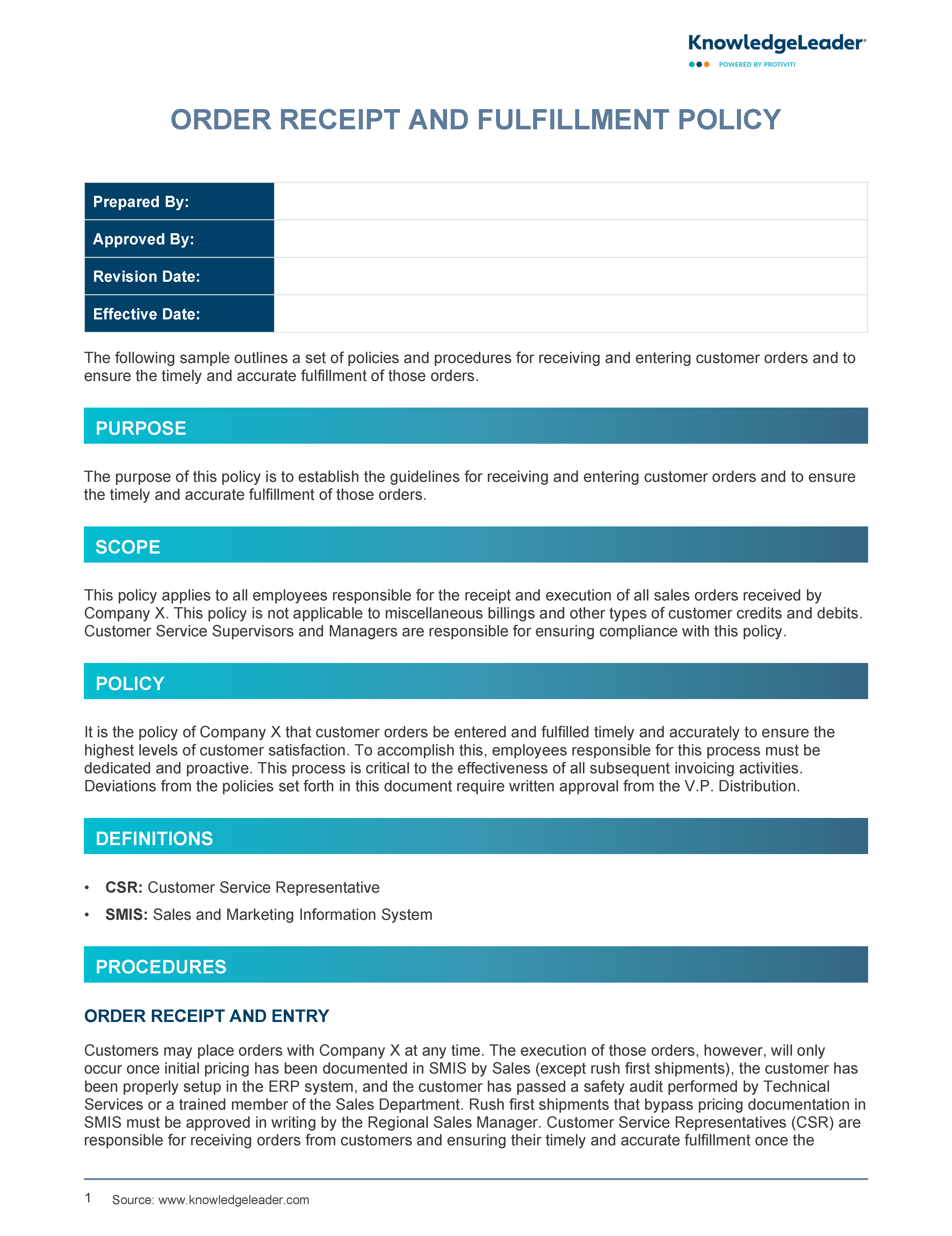 Screenshot of the first page of Order Receipt and Fulfillment Policy