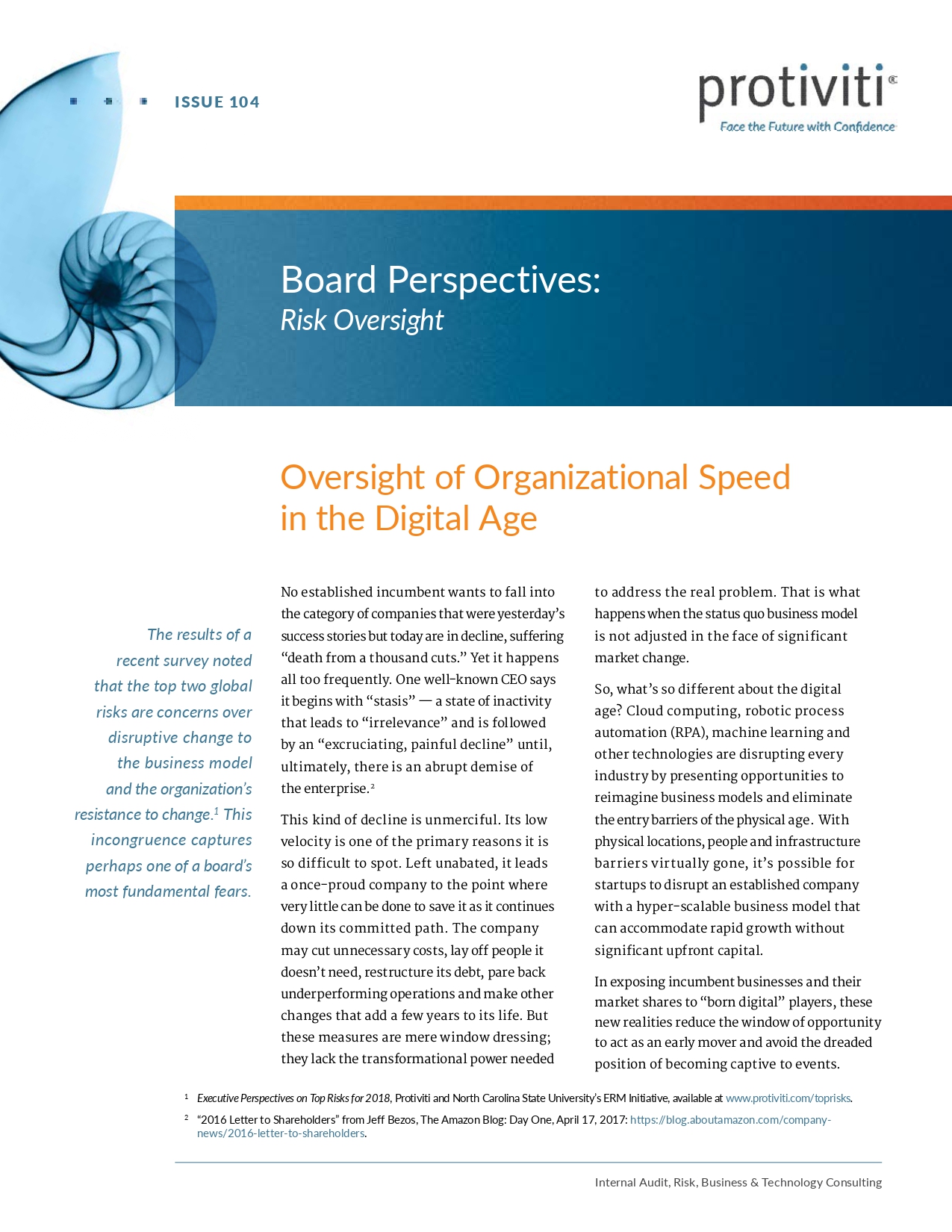 Screenshot of the first page of Oversight of Organizational Speed in the Digital Age – Board Perspectives - Risk Oversight, Issue