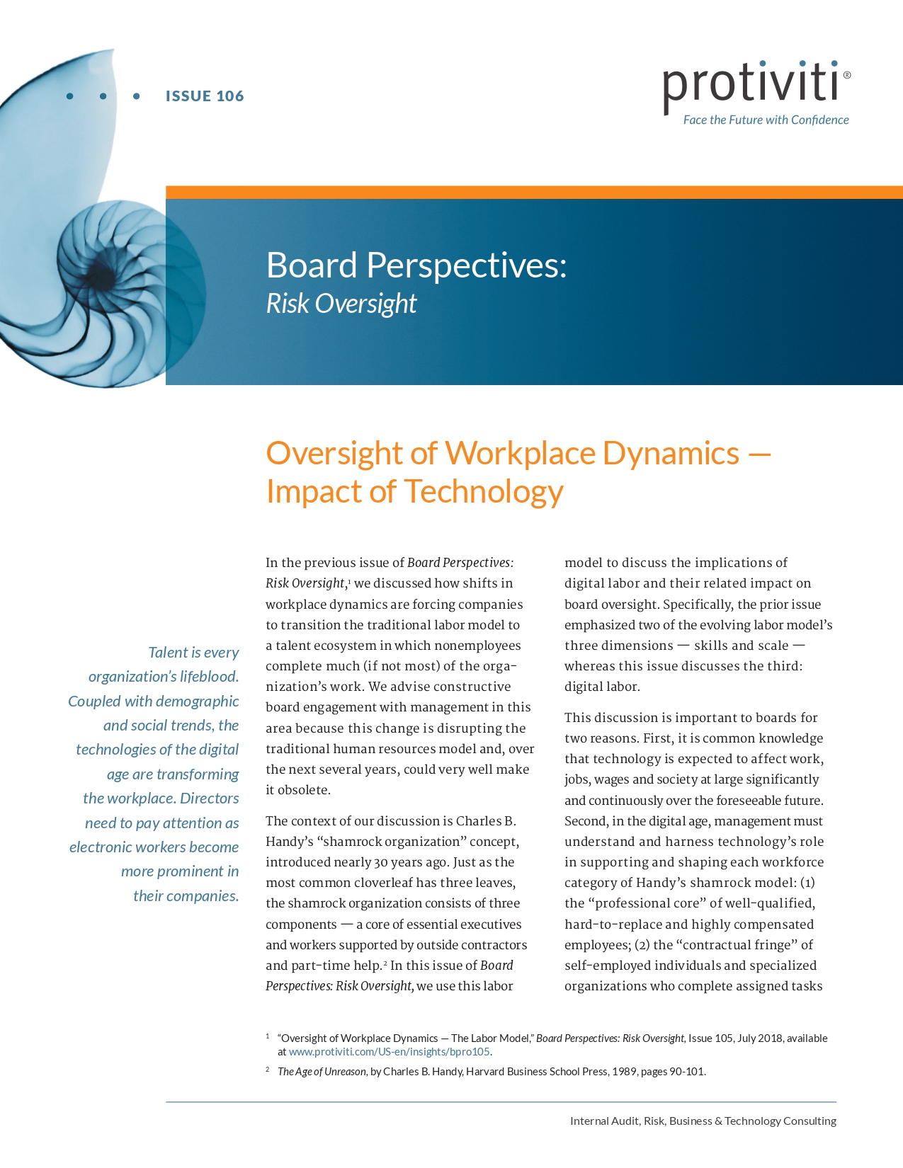 Screenshot of the first page of Oversight of Workplace Dynamics - Impact of Technology – Board Perspectives - Risk Oversight, Issue 106
