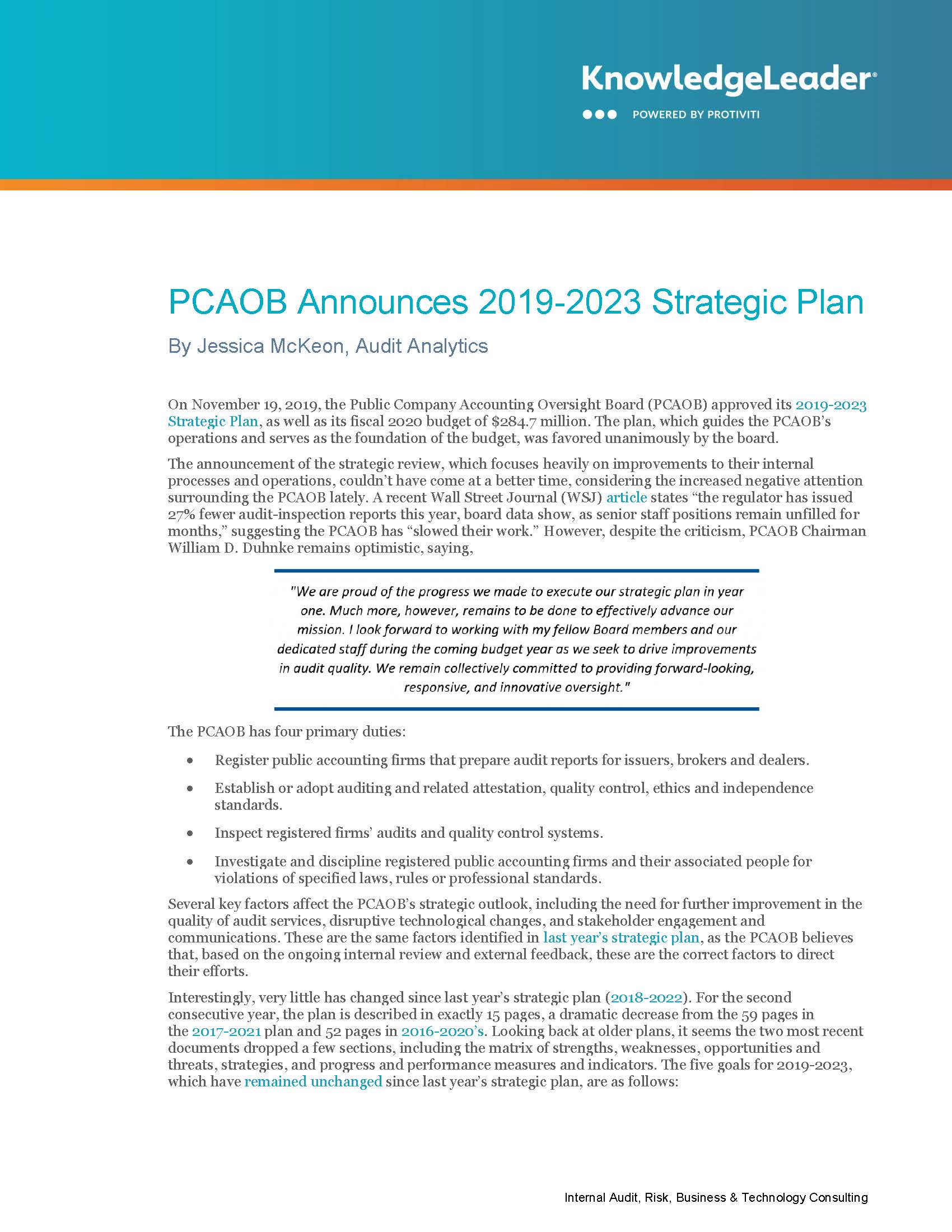 Screenshot of the first page of PCAOB Announces 2019-2023 Strategic Plan
