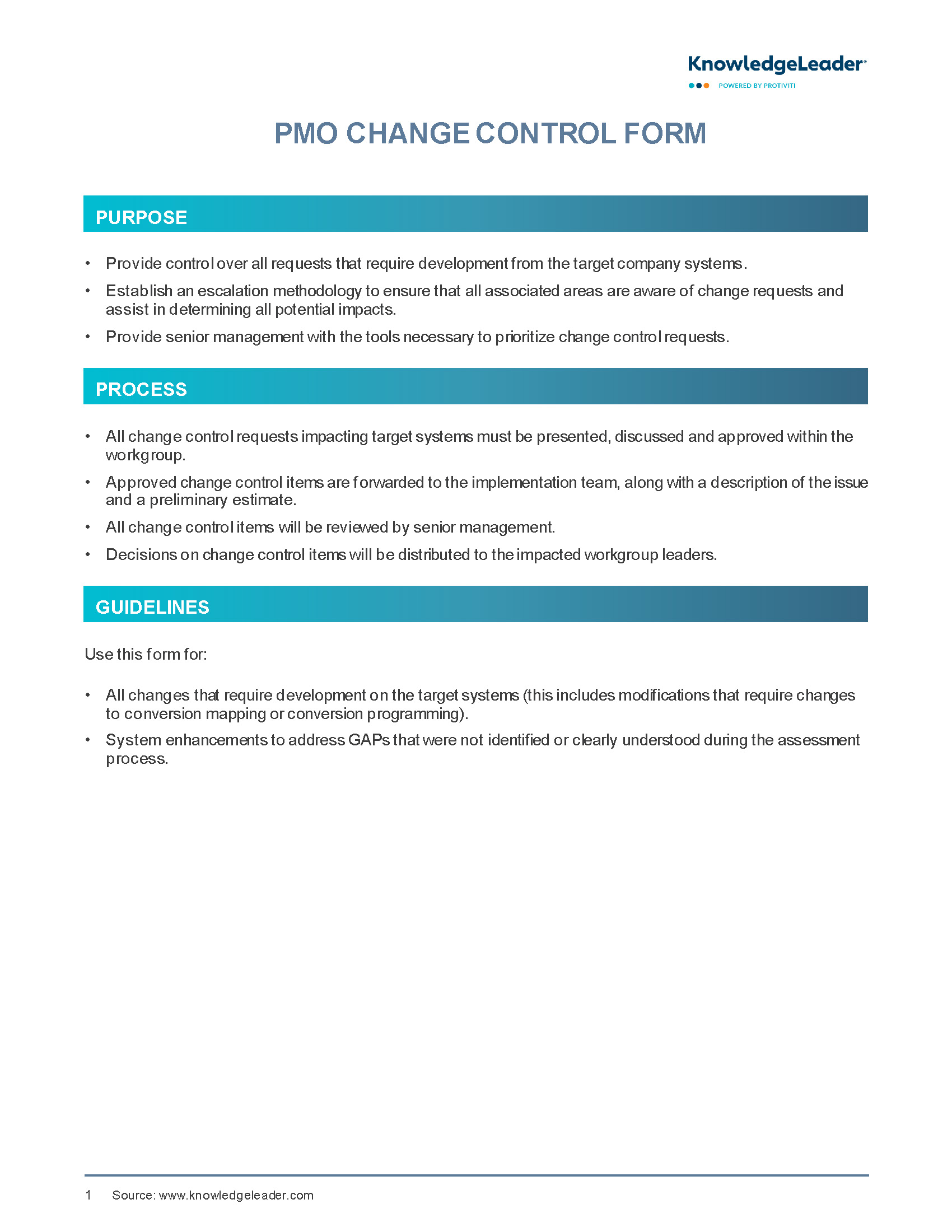 Screenshot of the first page of PMO Change Control Form