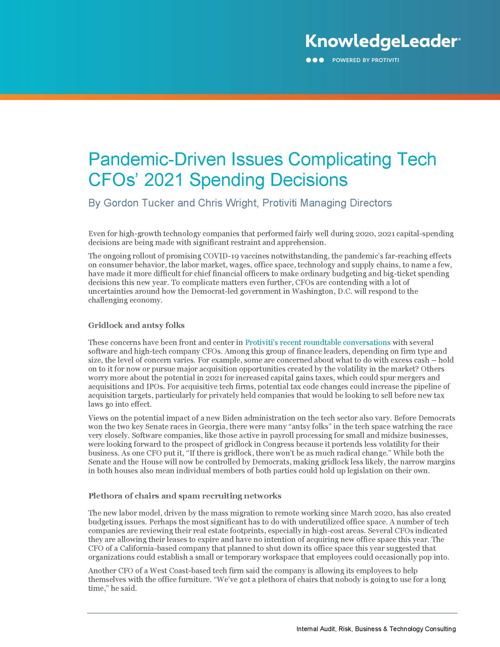 Screenshot of the first page of Pandemic-Driven Issues Complicating Tech CFOs’ 2021 Spending Decisions
