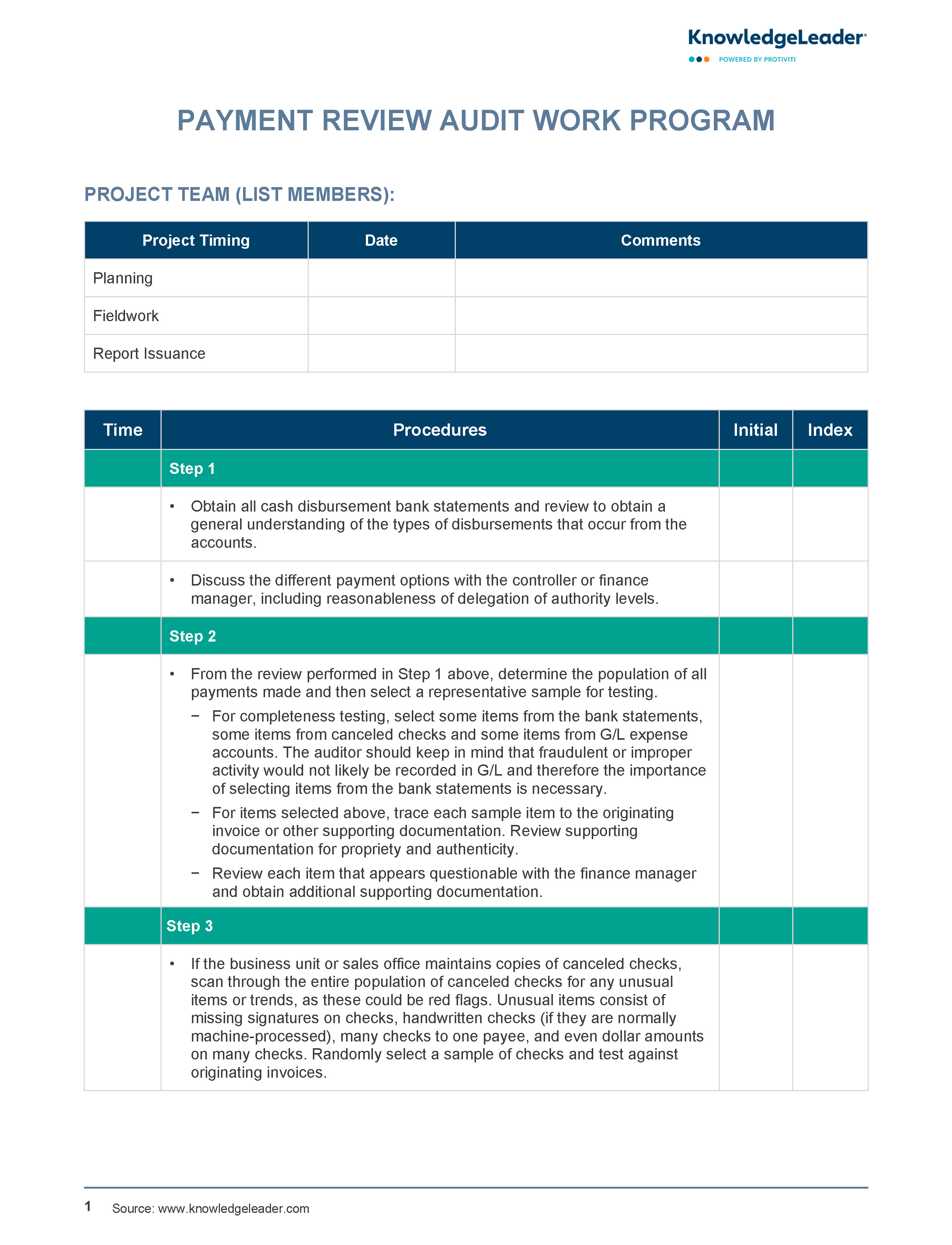 Screenshot of the first page of Payment Review Work Program