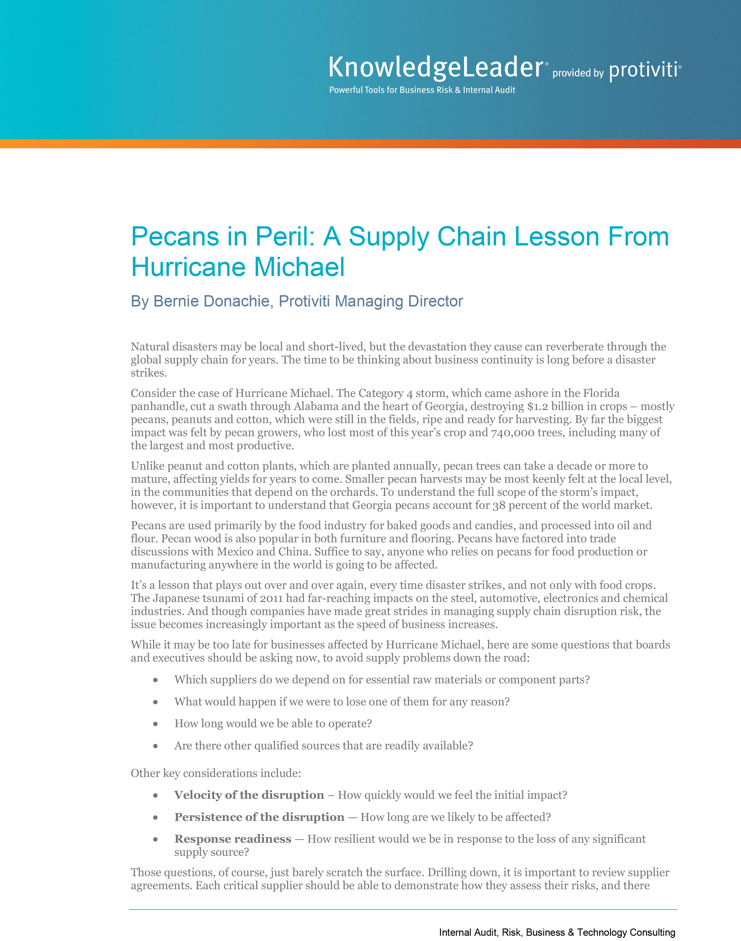 Screenshot of the first page of Pecans in Peril - A Supply Chain Lesson From Hurricane Michael