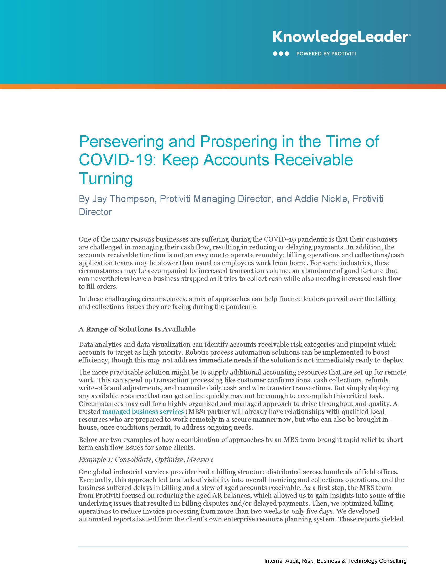 Screenshot of the first page of Persevering and Prospering in the Time of COVID-19 Keep Accounts Receivable Turning