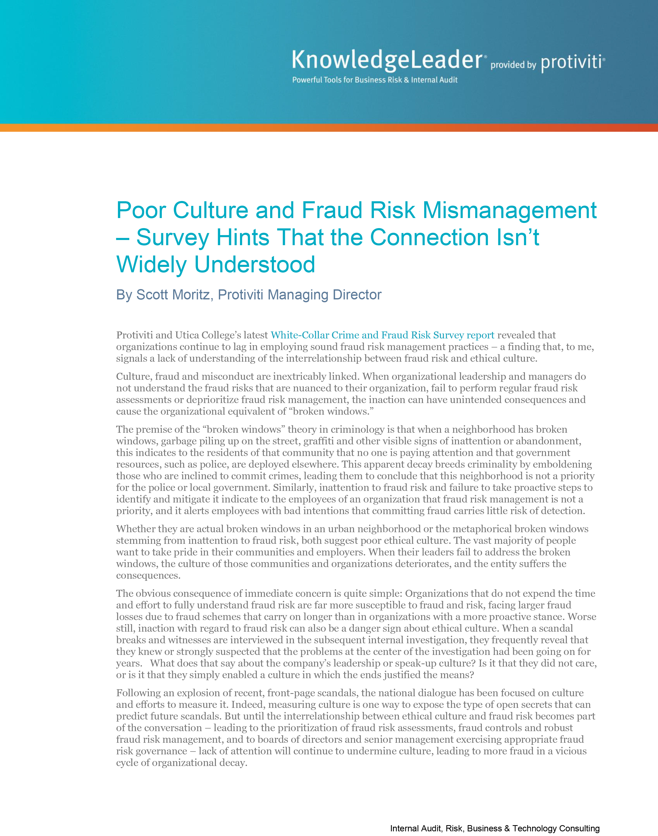 Screenshot of the first page of Poor Culture and Fraud Risk Mismanagement-Survey Hints That the Connection Isn’t Widely Understood