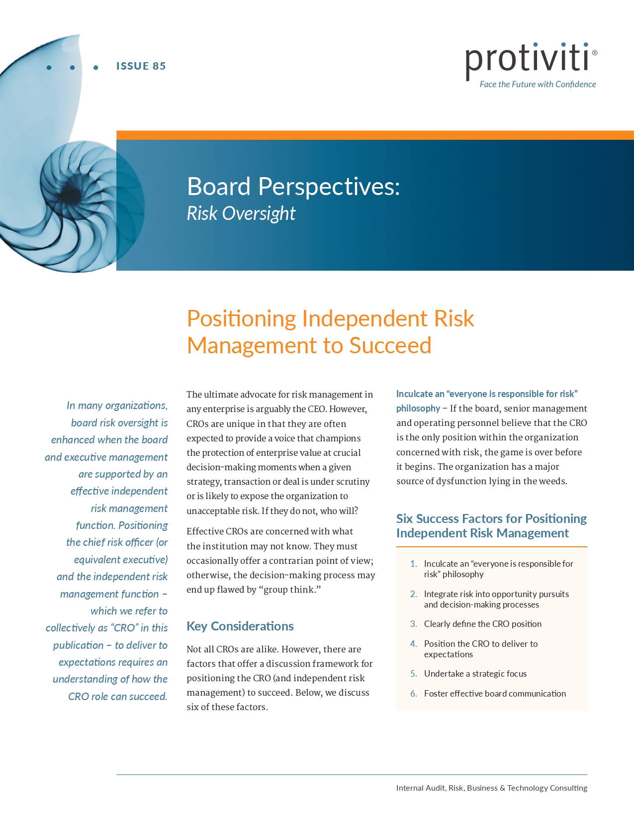 Screenshot of the first page of Positioning Independent Risk Management to Succeed