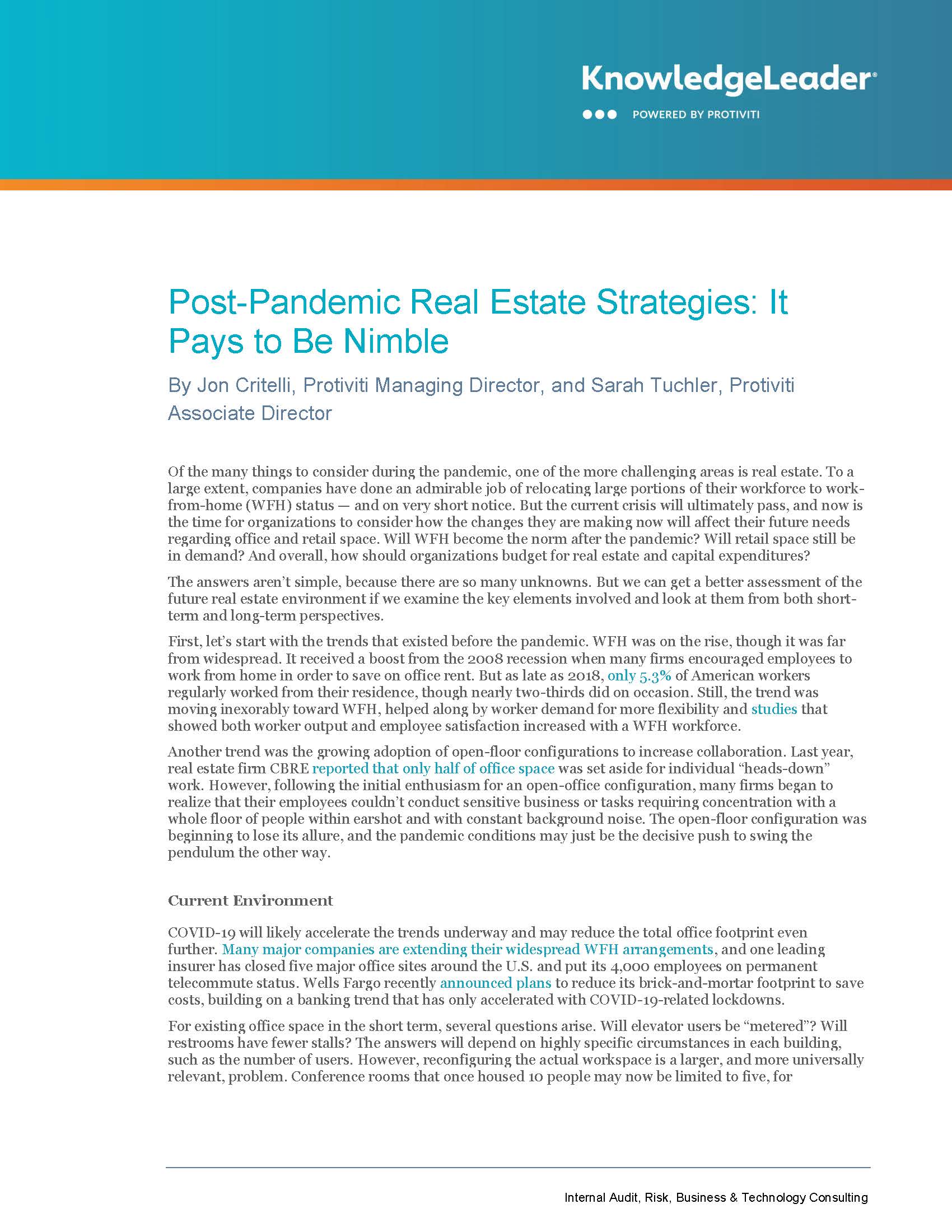Screenshot of the first page of Post-Pandemic Real Estate Strategies It Pays to Be Nimble