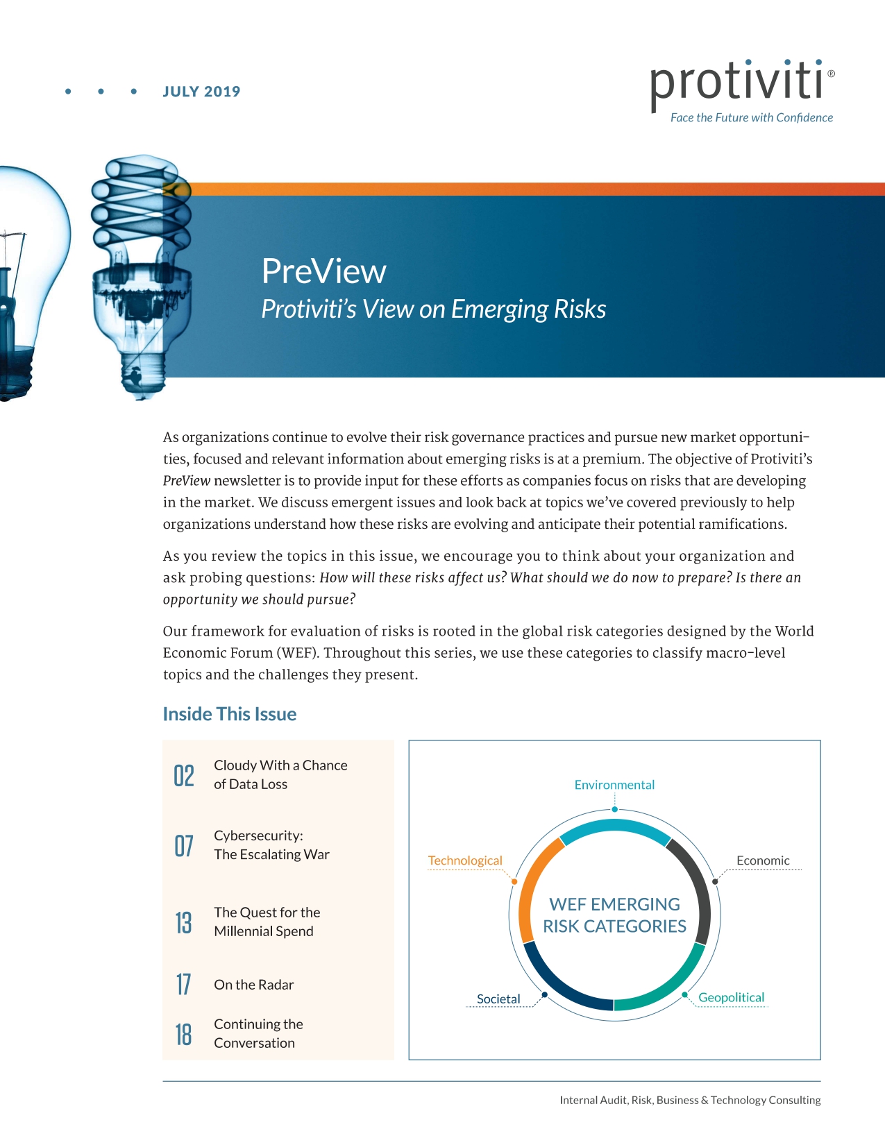 Screenshot of the first page of PreView Protiviti's View on Emerging Risks, July 2019