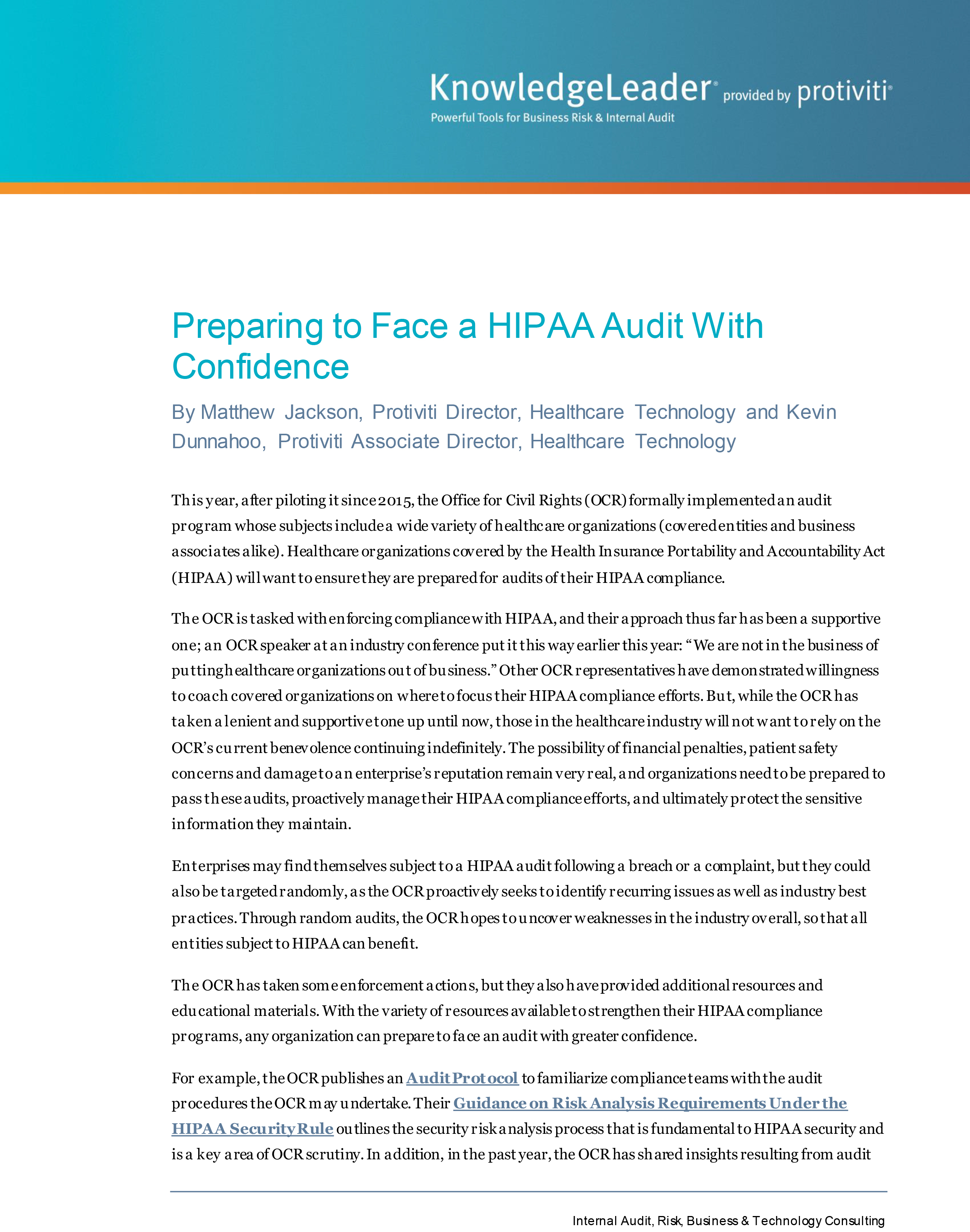 Screenshot of the first page of Preparing to Face a HIPAA Audit With Confidence