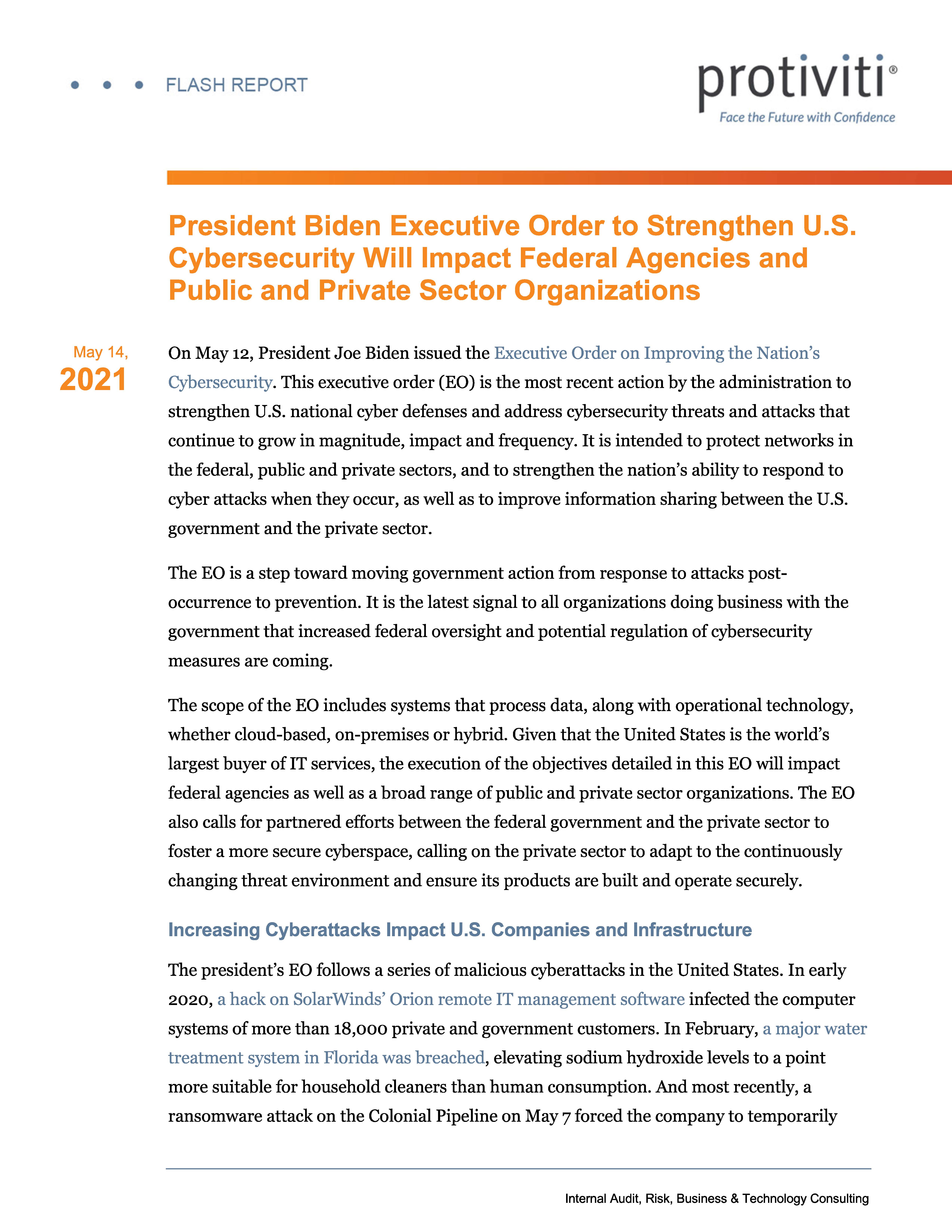 Screenshot of the first page of President Biden Executive Order to Strengthen U.S. Cybersecurity Will Impact Federal Agencies and Public and Private Sector Organizations