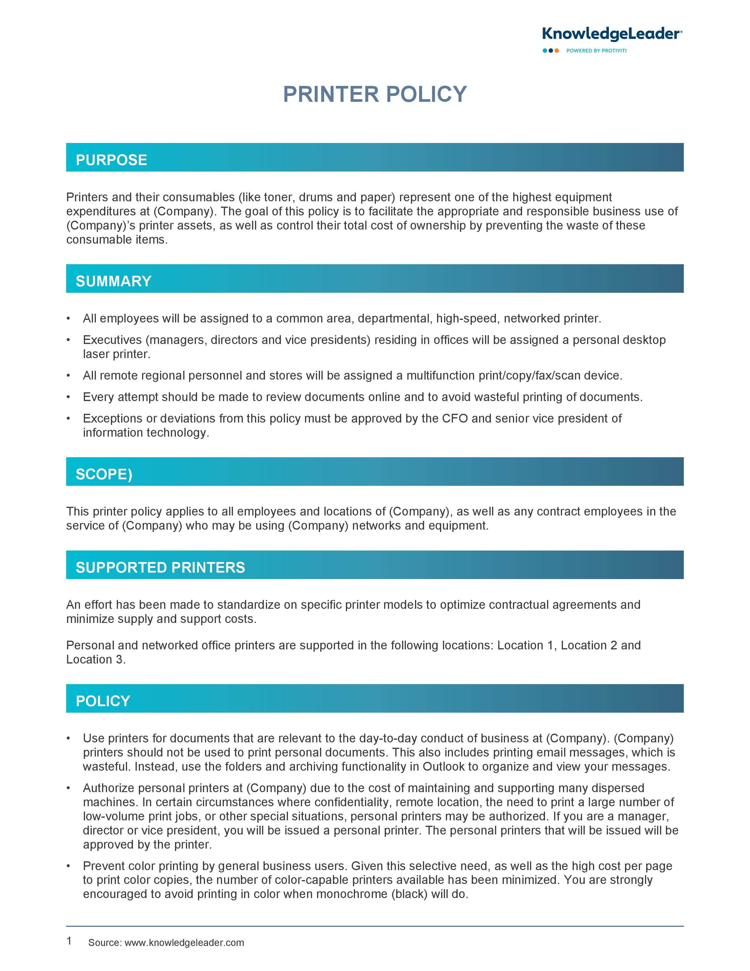 Screenshot of the first page of Printer Policy