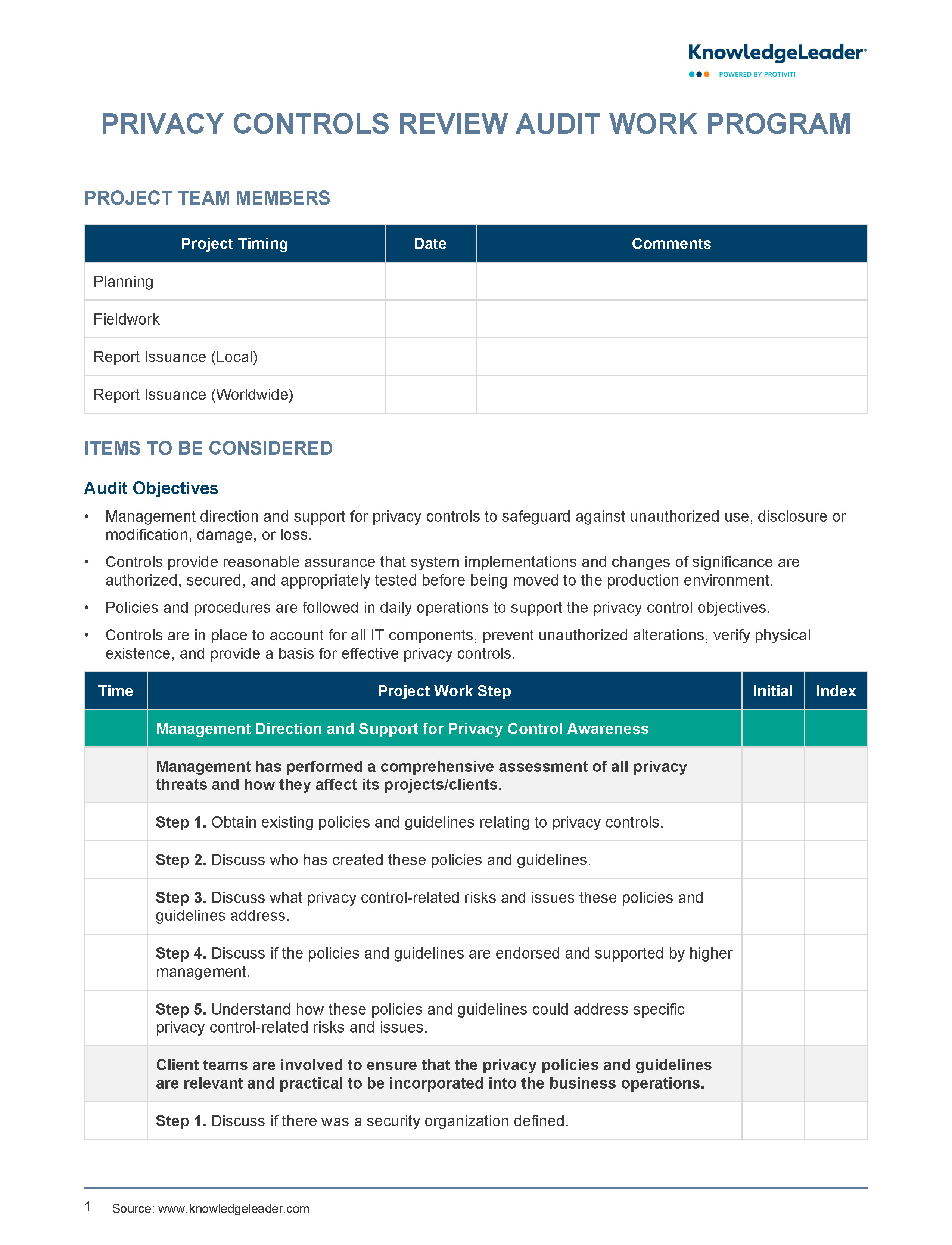 Screenshot of the first page of Privacy Control Review Audit Work Program