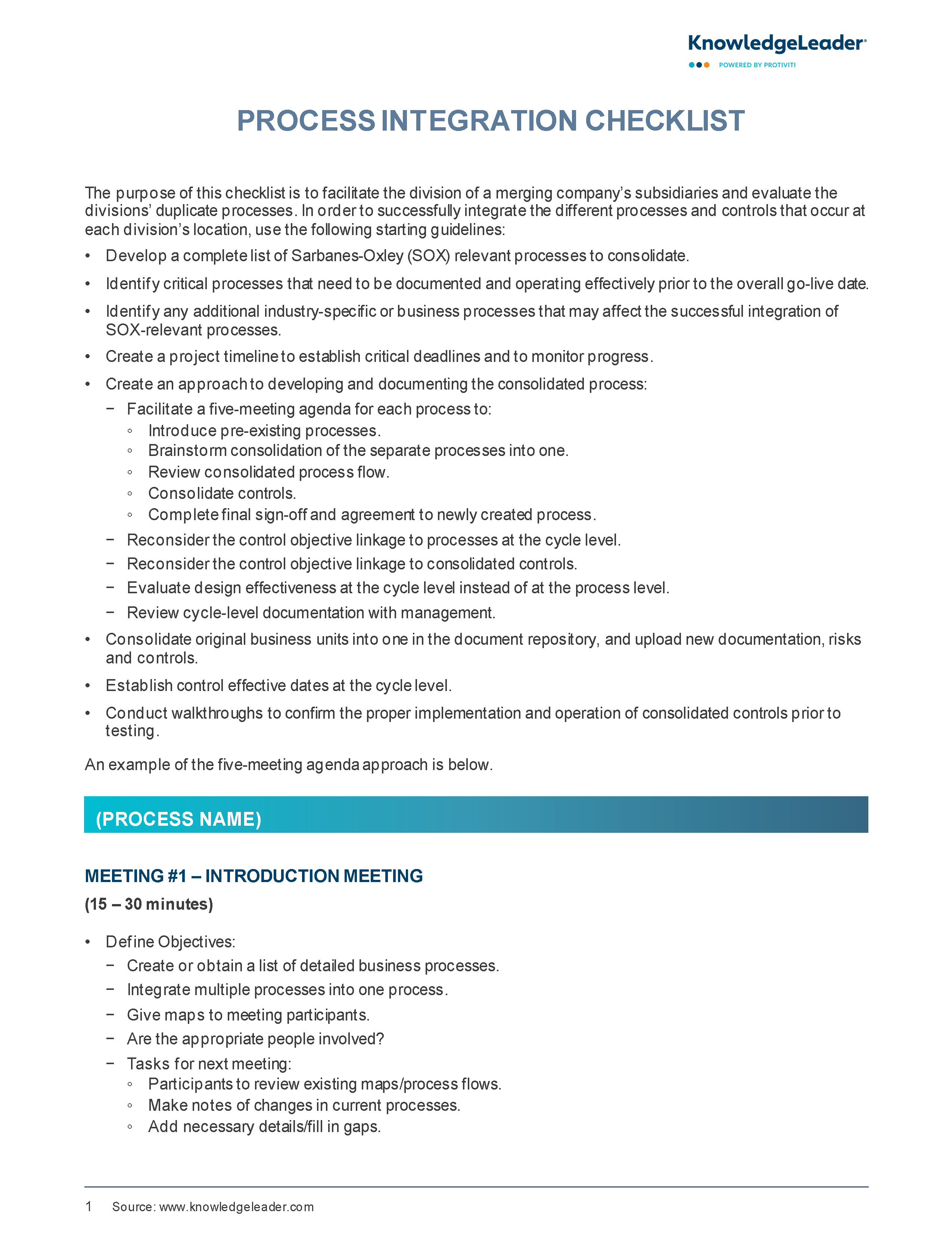 Screenshot of the first page of Process Integration Checklist