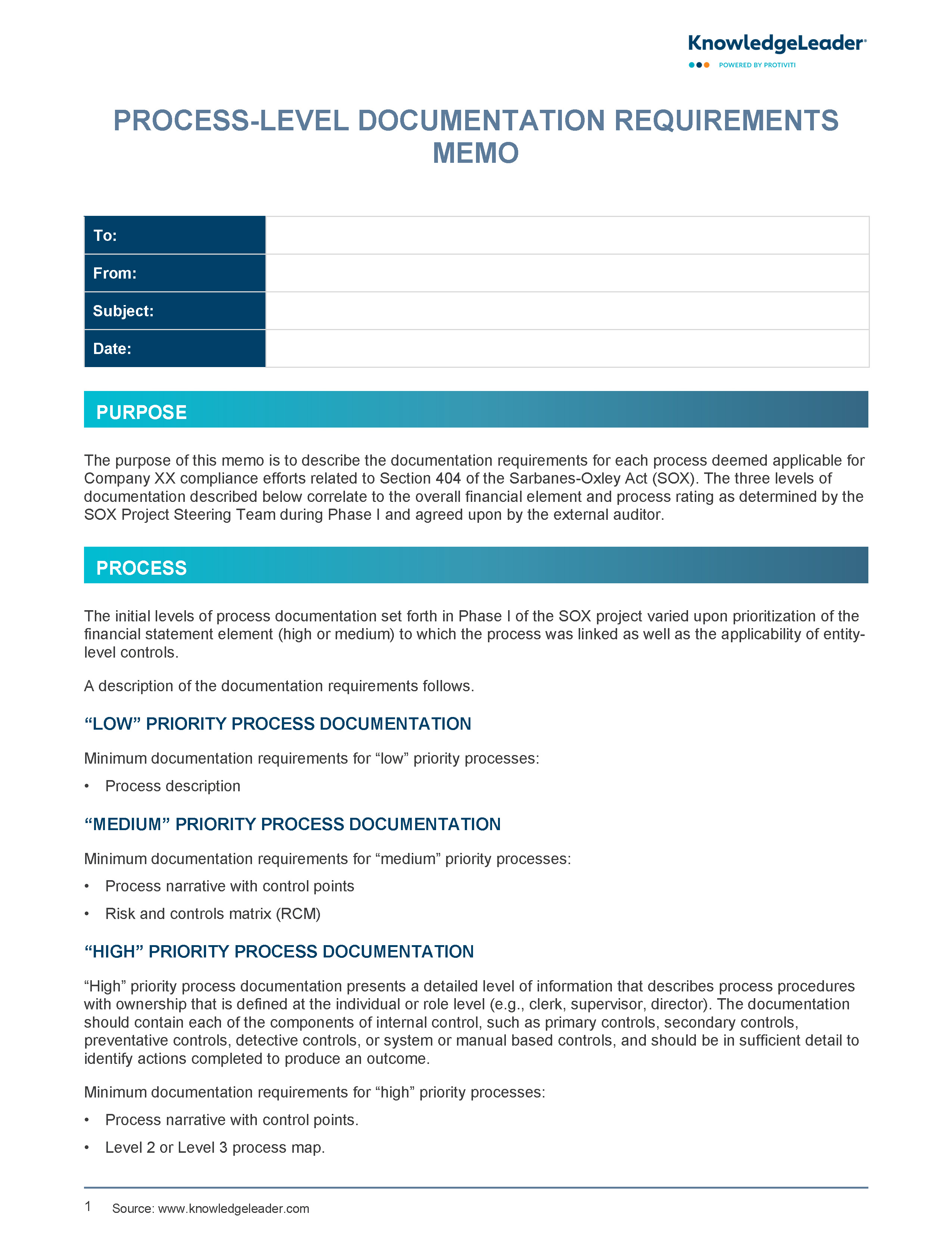 Screenshot of the first page of Process Level Documentation Requirements Memo