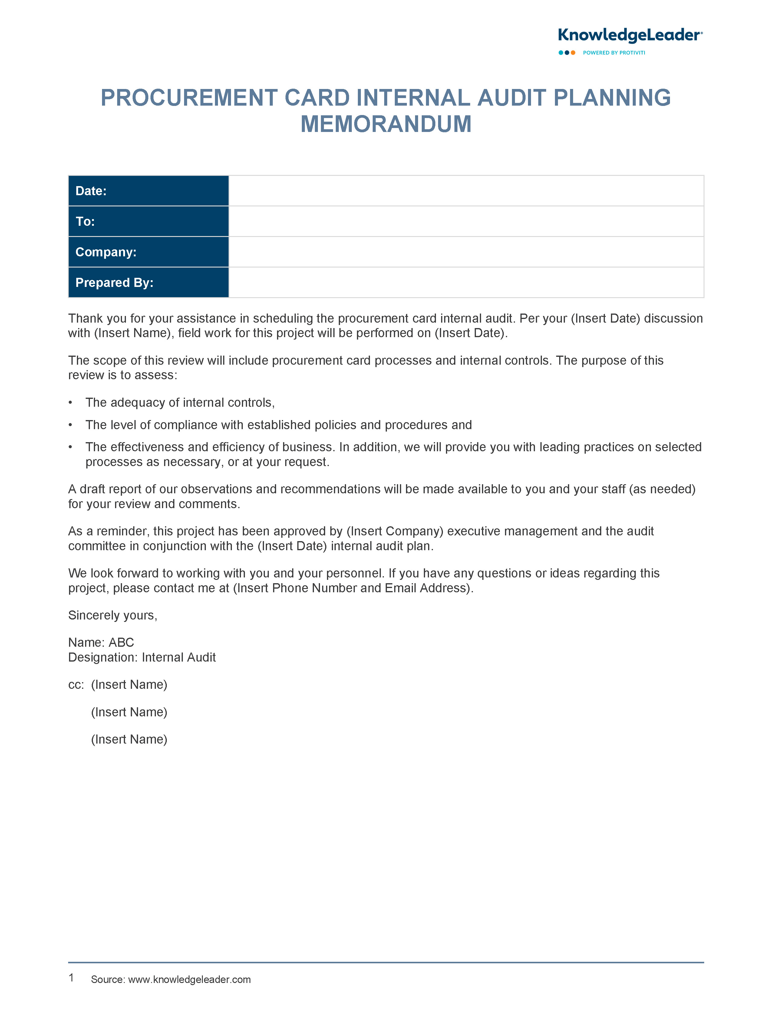 Screenshot of the first page of Procurement Card Audit Memo
