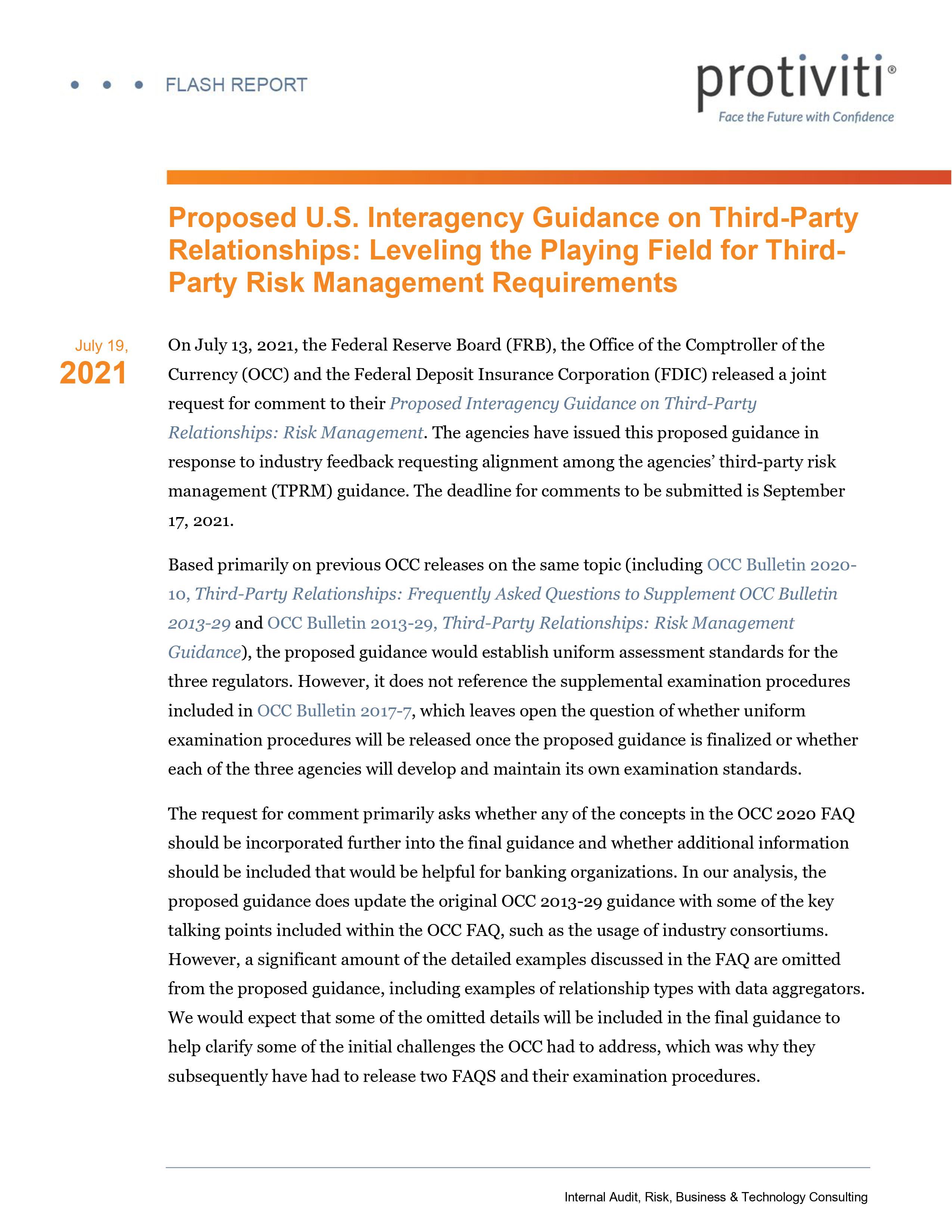 Screenshot of the first page of Proposed U.S. Interagency Guidance on Third-Party Relationships Leveling the Playing Field for Third-Party Management Requirements