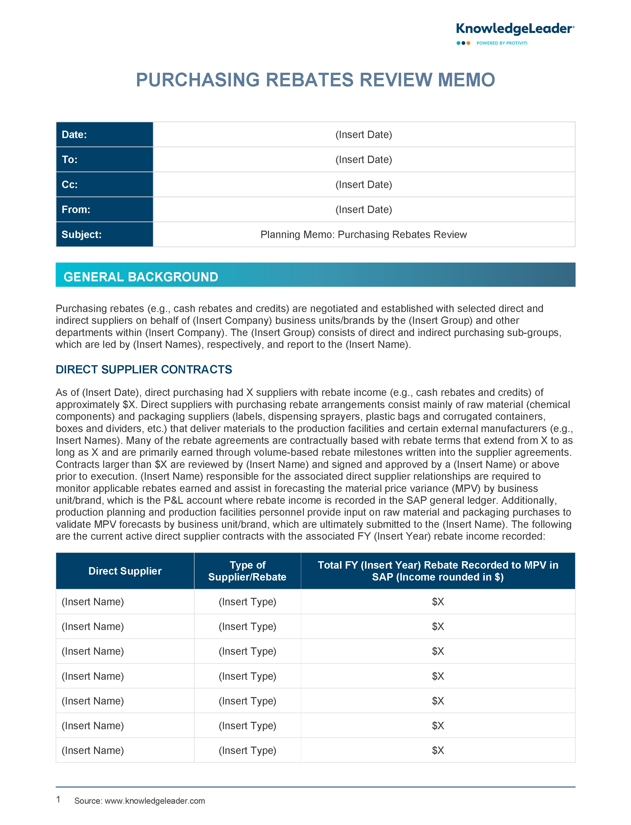 Purchasing Rebates Review Planning Memo