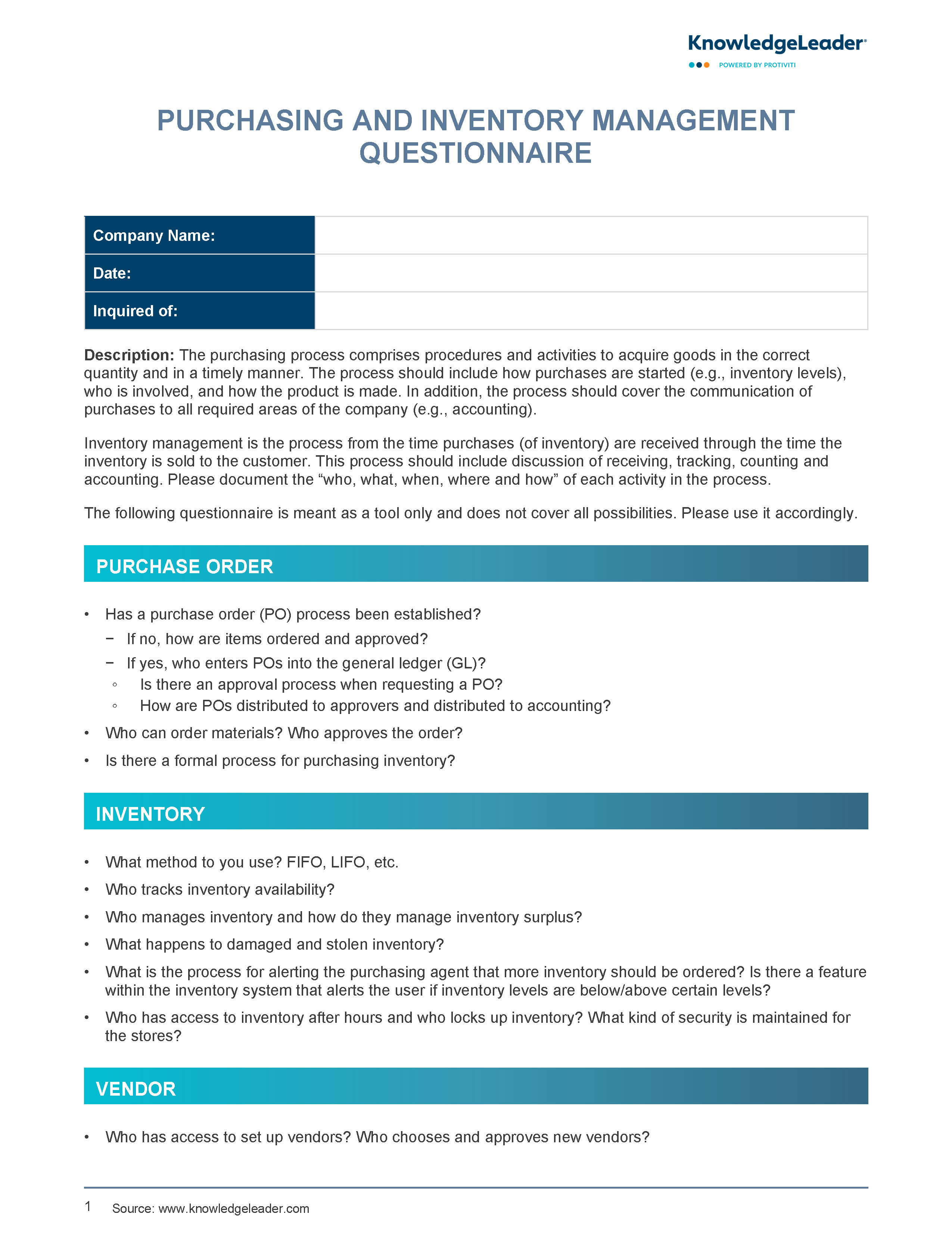 Screenshot of the first page of Purchasing and Inventory Management Questionnaire