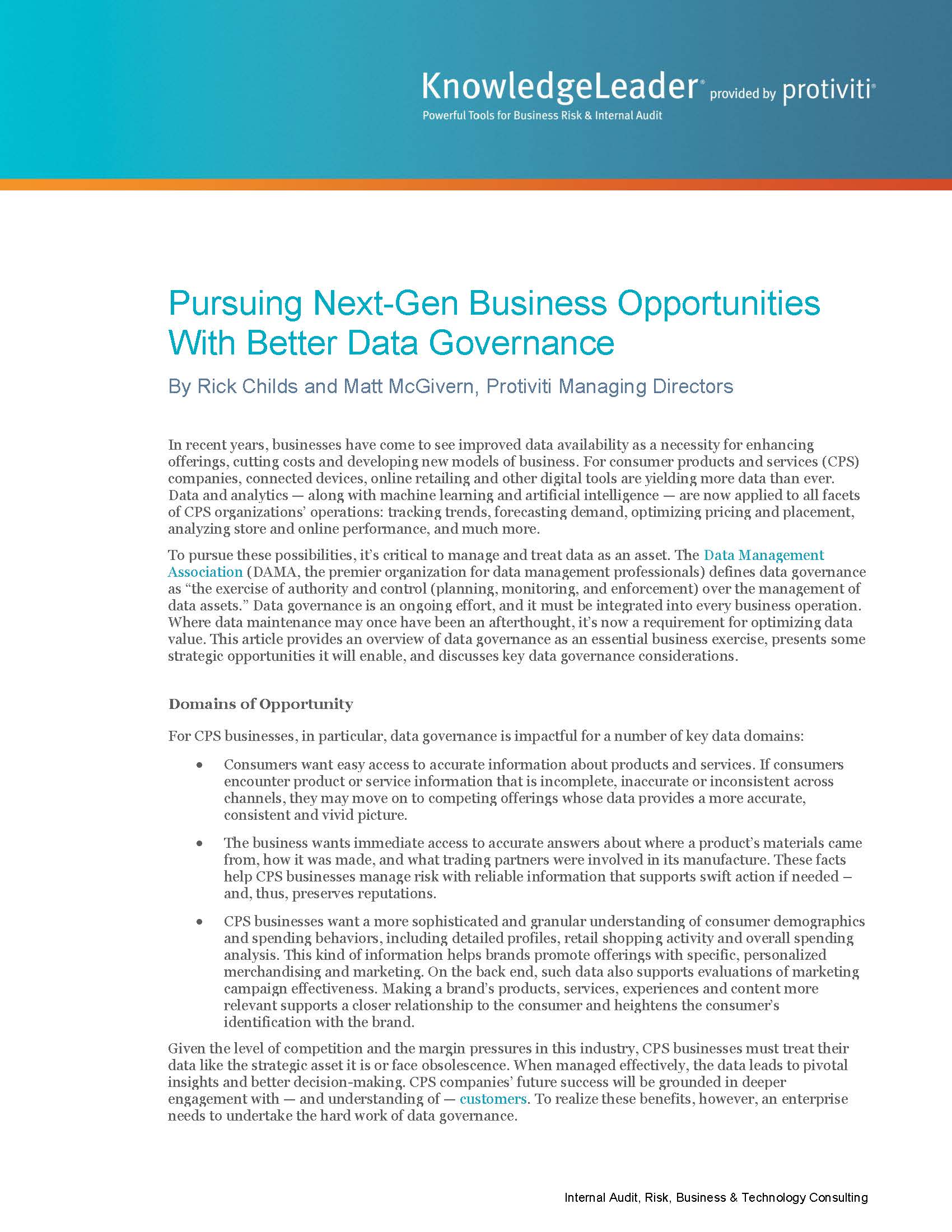 Screenshot of the first page of Pursuing Next-Gen Business Opportunities With Better Data Governance.