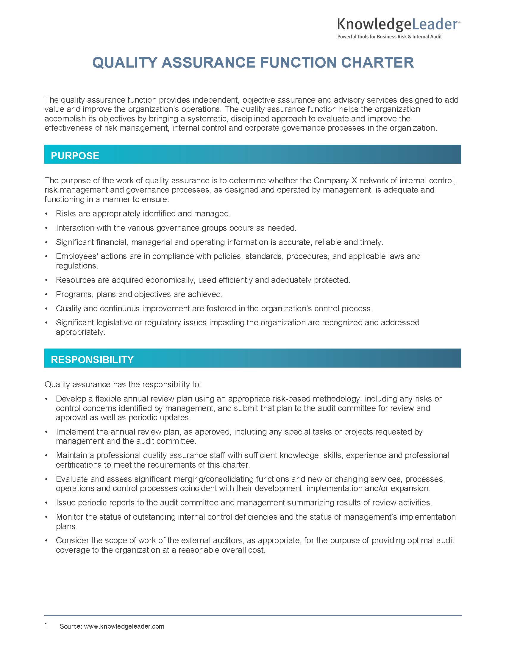 Screenshot of the first page of Quality Assurance Function Charter