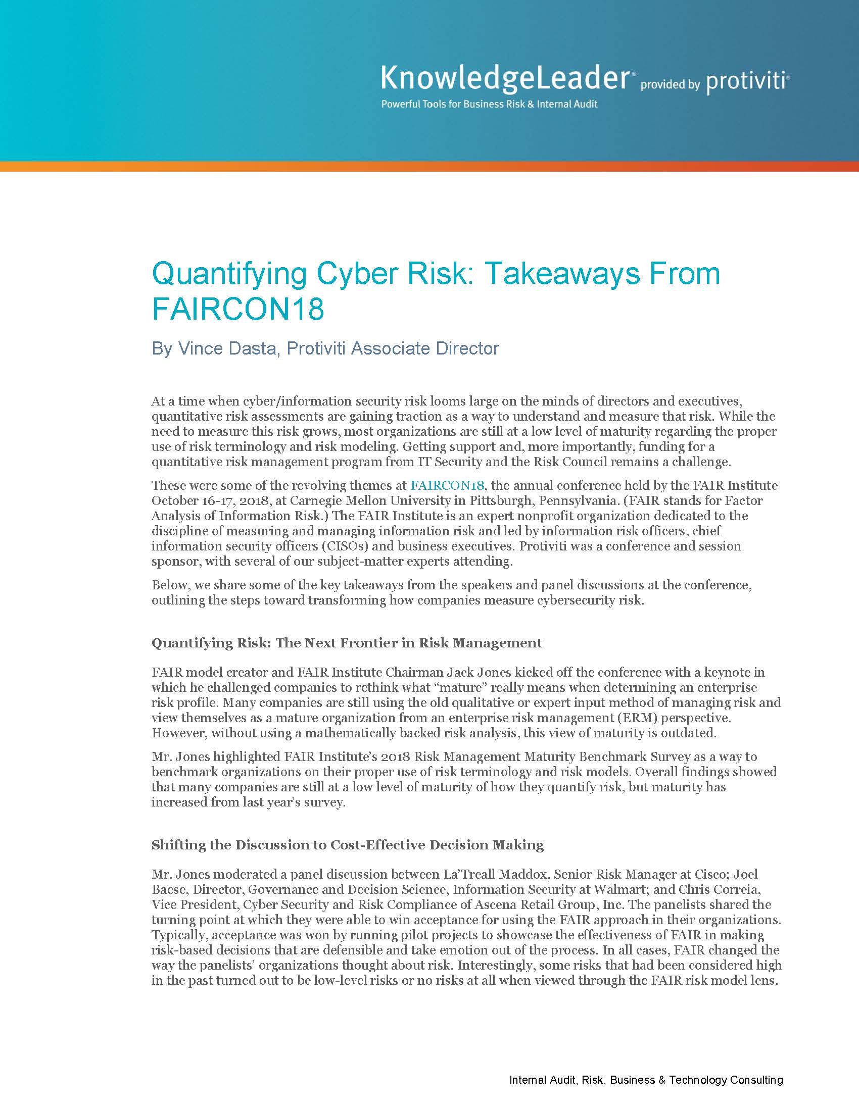 Screenshot of the first page of Quantifying Cyber Risk Takeaways From FAIRCON18