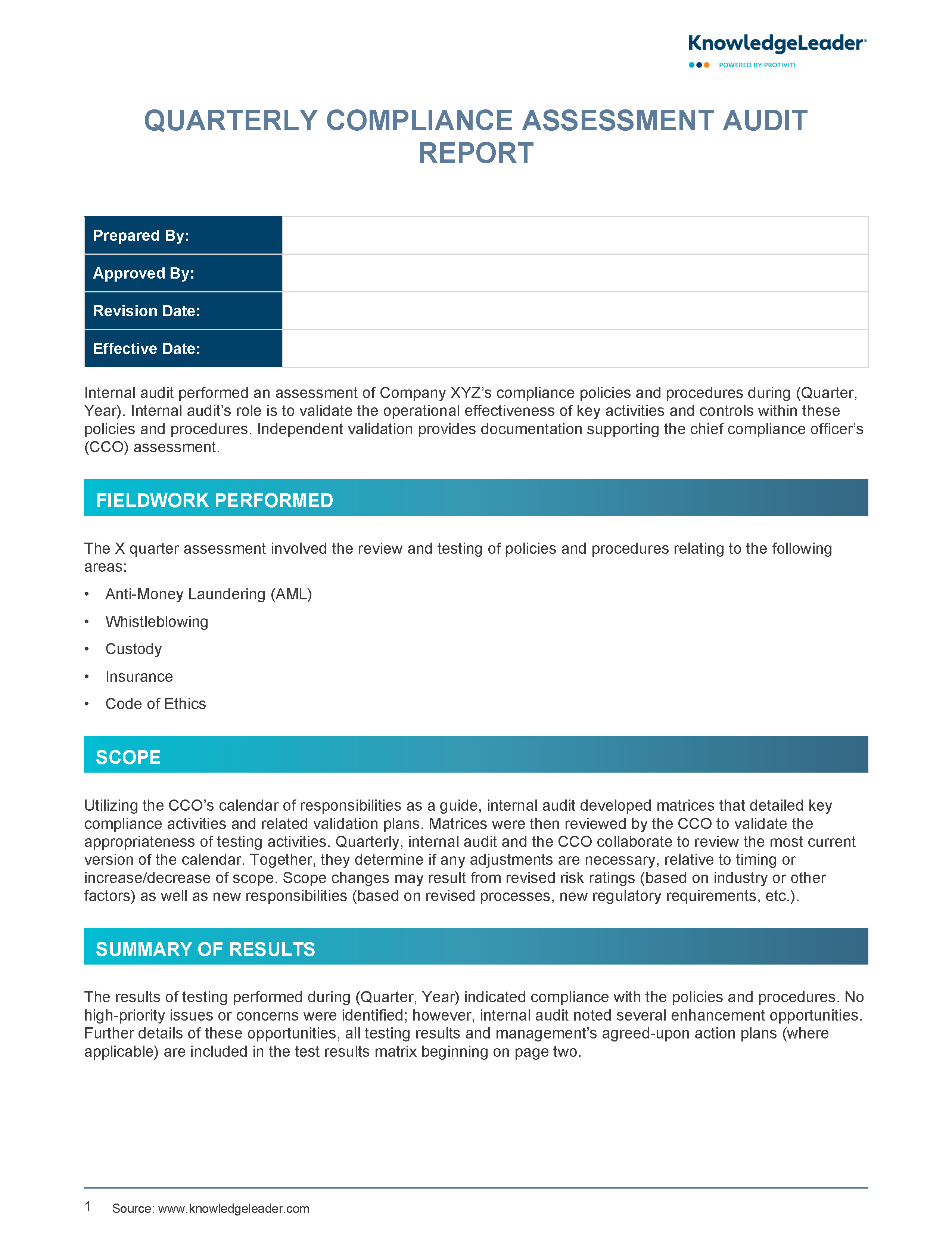 Screenshot of the first page of Quarterly Compliance Assessment Report