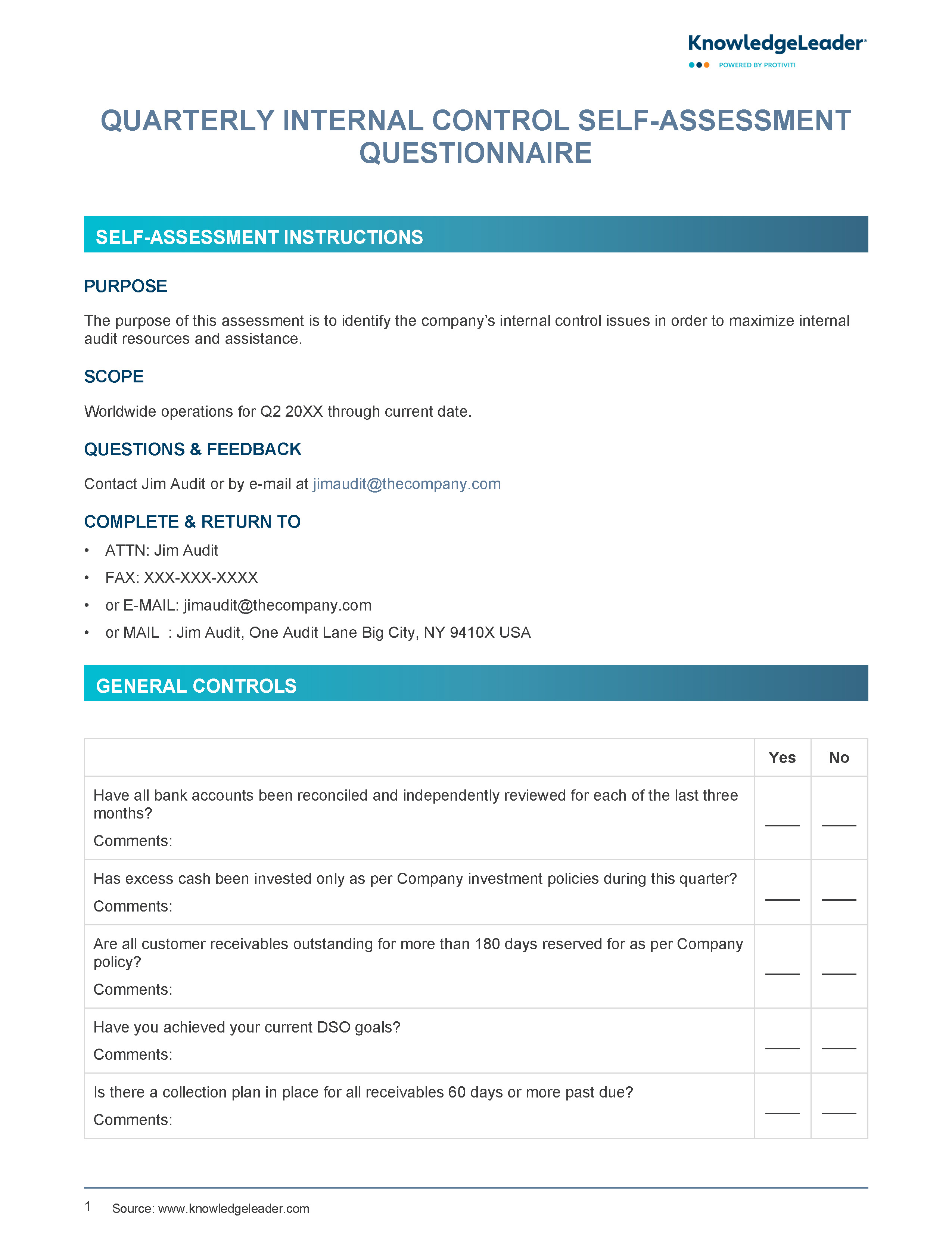 Screenshot of the first page of Quarterly Internal Control Self-Assessment