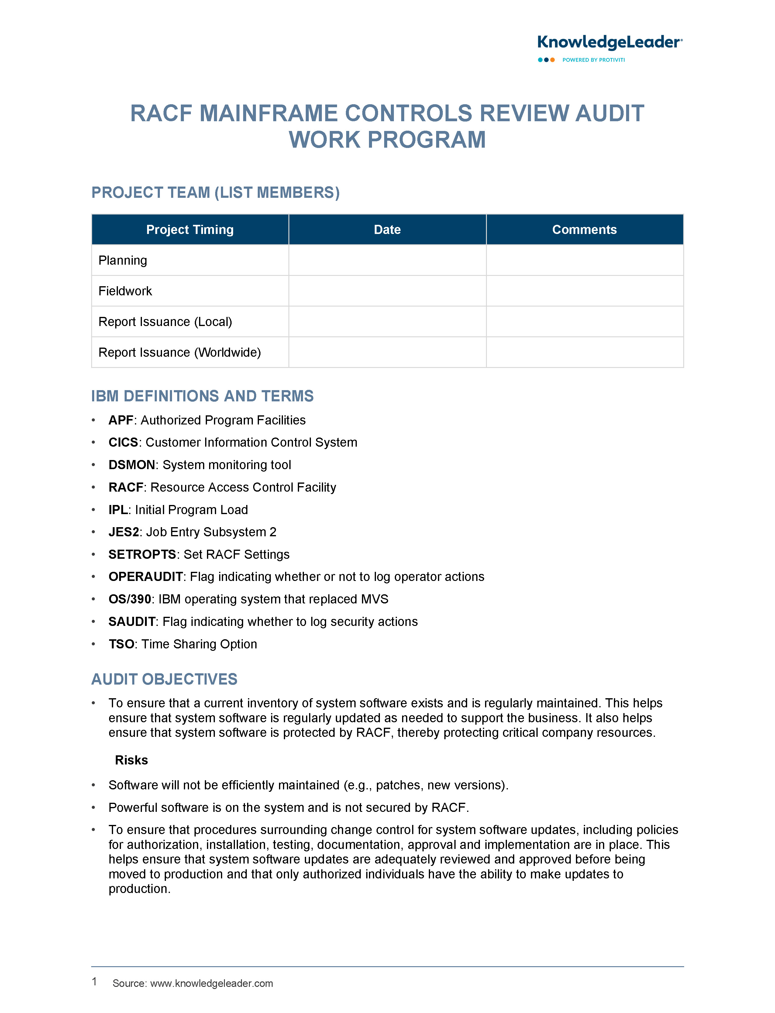 screenshot of the first page of RACF Mainframe Controls Review Audit Work Program