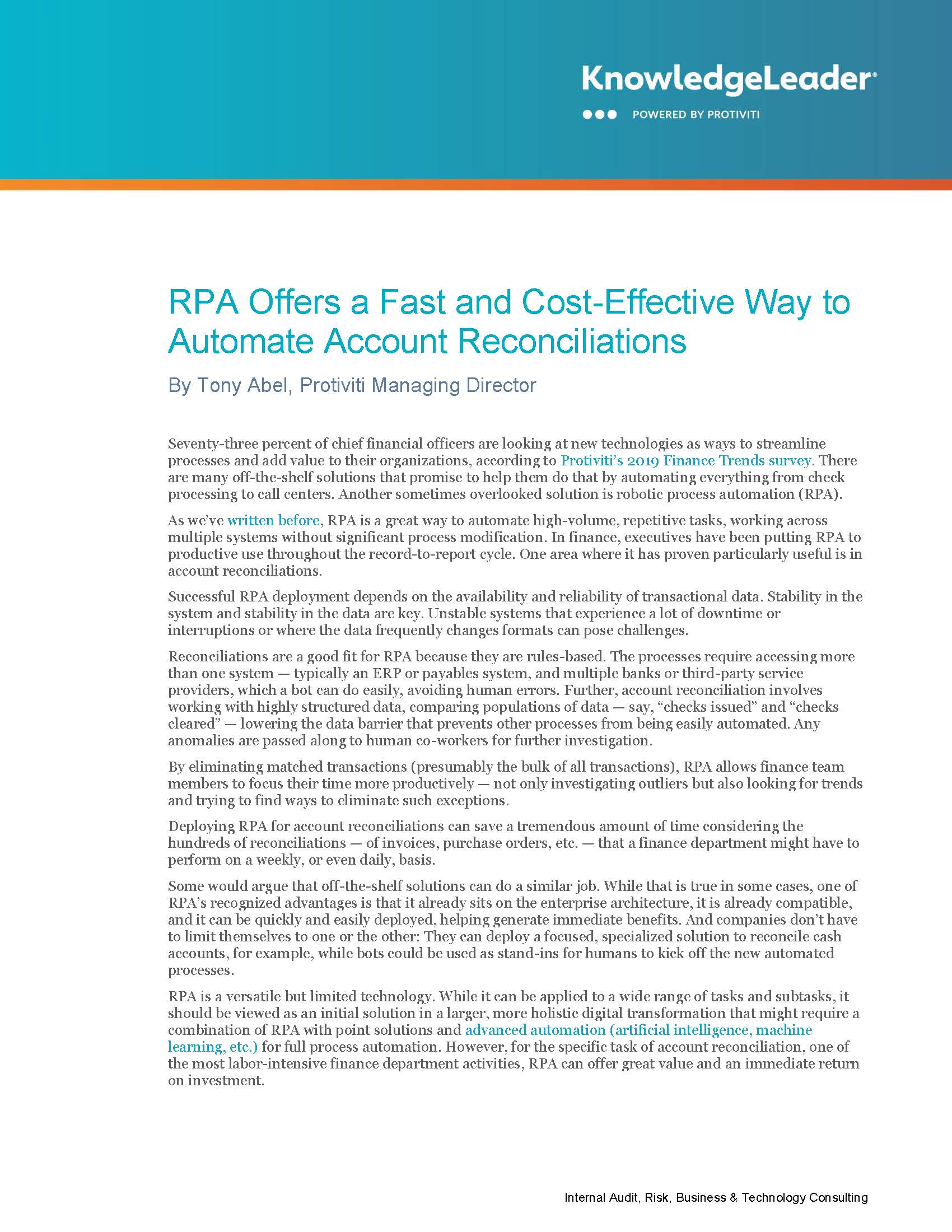 Screenshot of the first page of RPA Offers a Fast and Cost-Effective Way to Automate Account Reconciliations