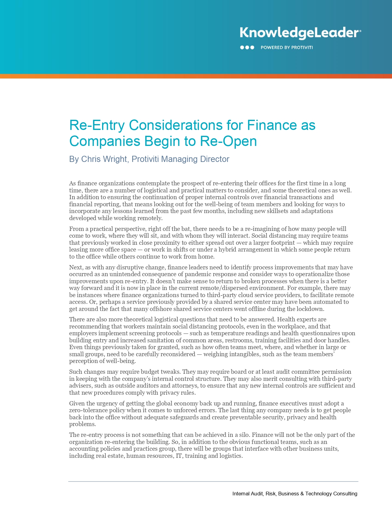 Re-Entry Considerations for Finance as Companies Begin to Re-Open