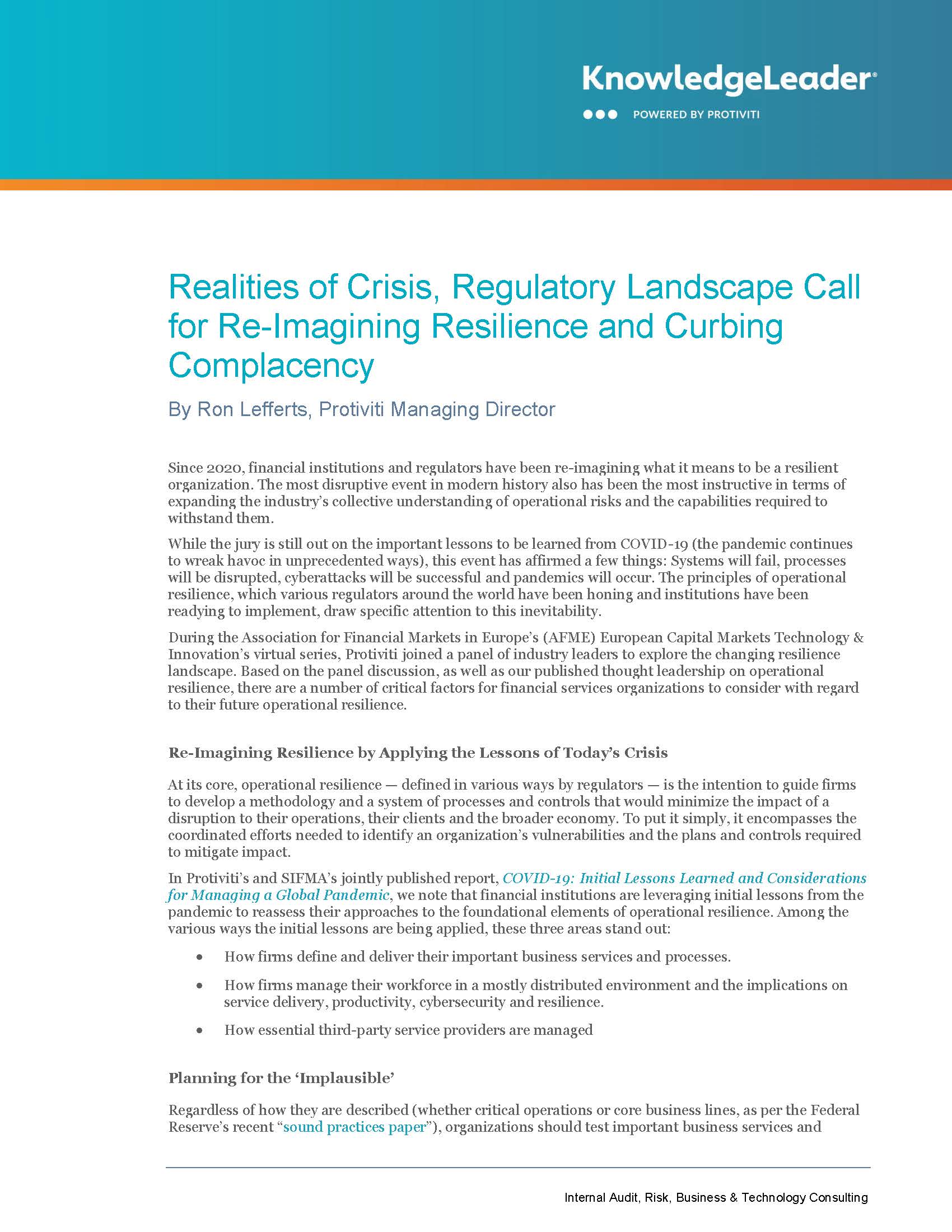 Screenshot of the first page of Realities of Crisis, Regulatory Landscape Call for Re-imagining Resilience and Curbing Complacency